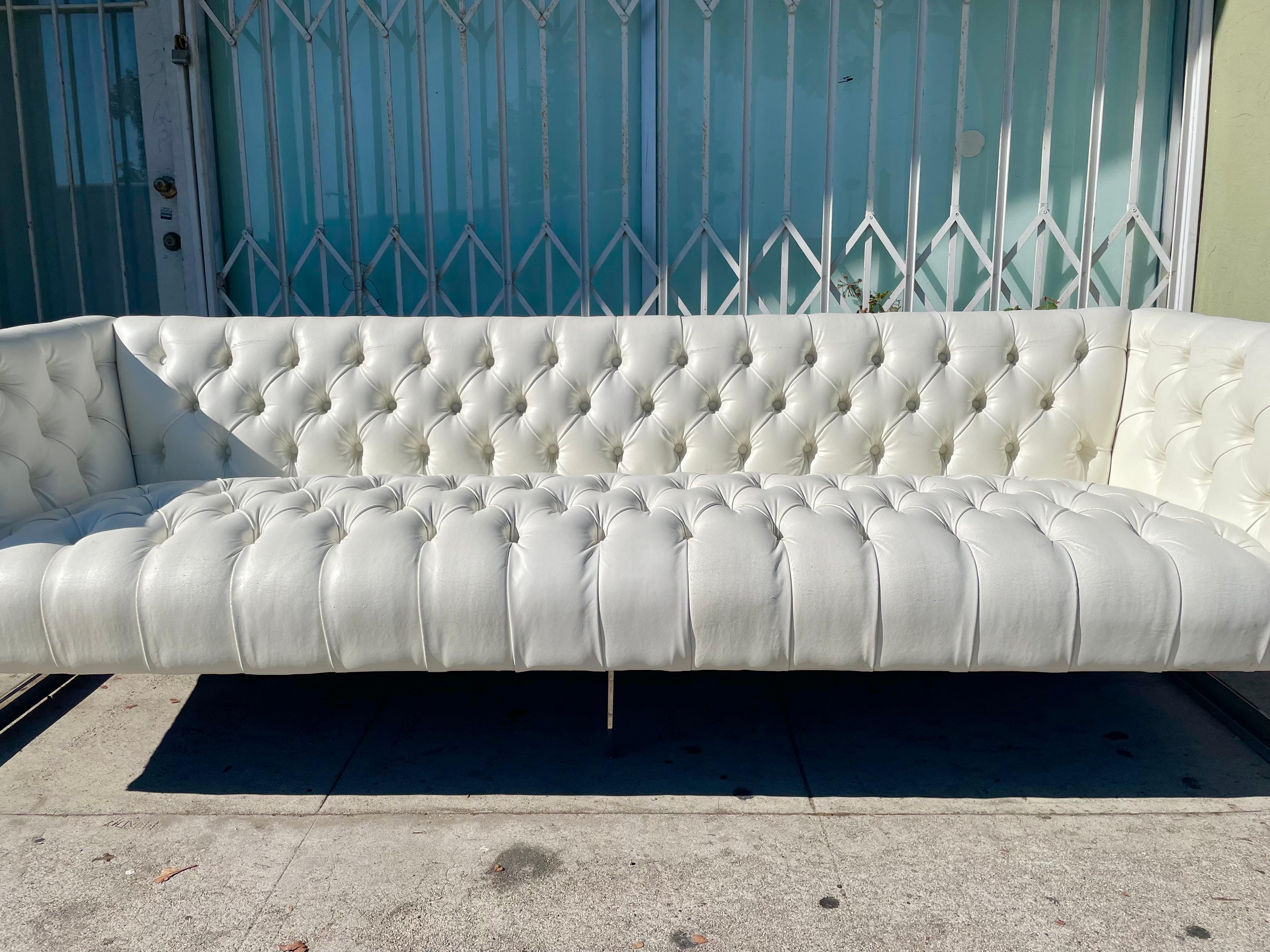 American Vintage Leather and Chrome Chesterfield Sofa Styled After Milo Baughman For Sale