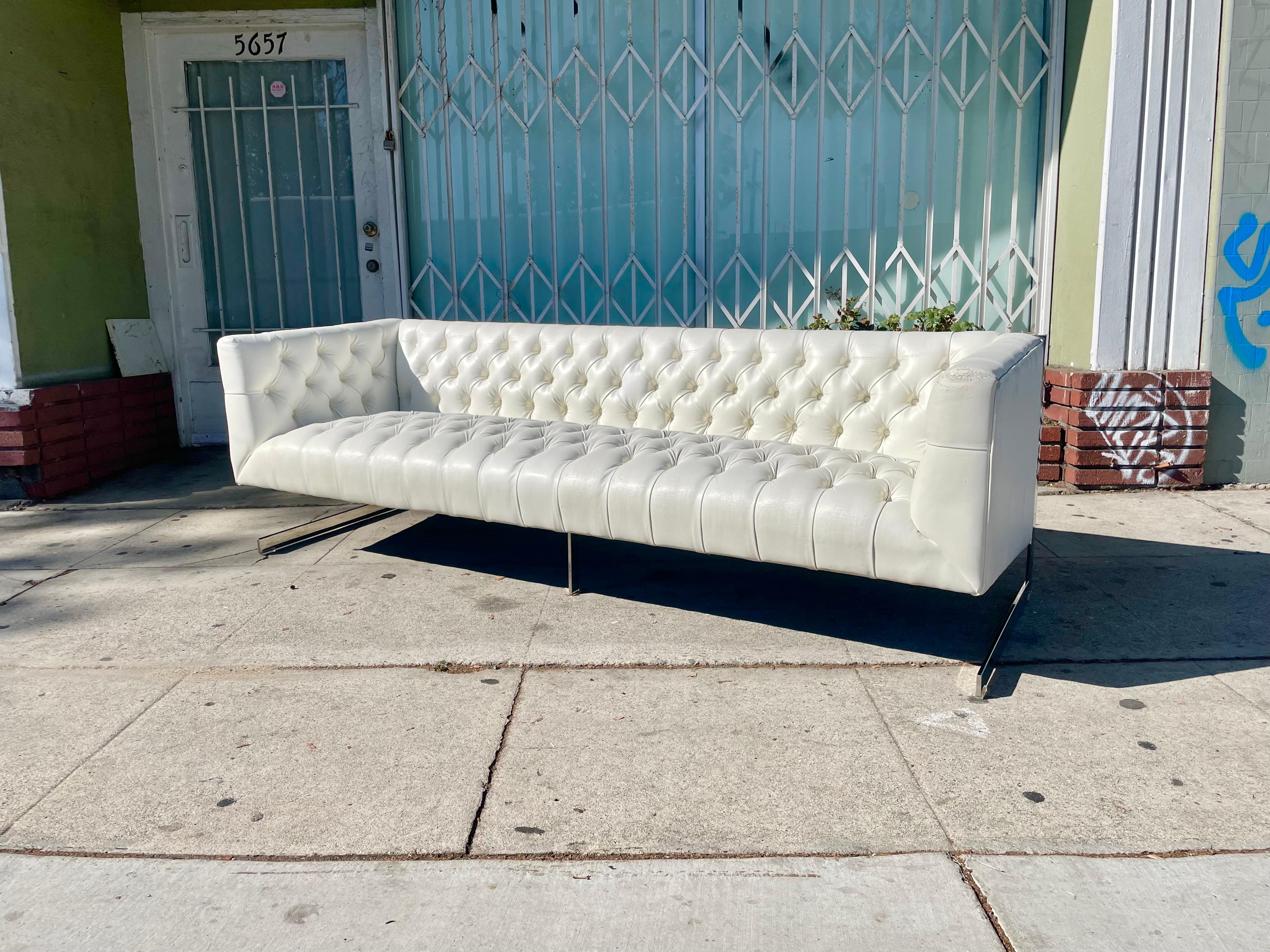 Late 20th Century Vintage Leather and Chrome Chesterfield Sofa Styled After Milo Baughman For Sale