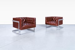 Vintage Leather and Chrome Diamond Tufted Lounge Chairs by Milo Baughman