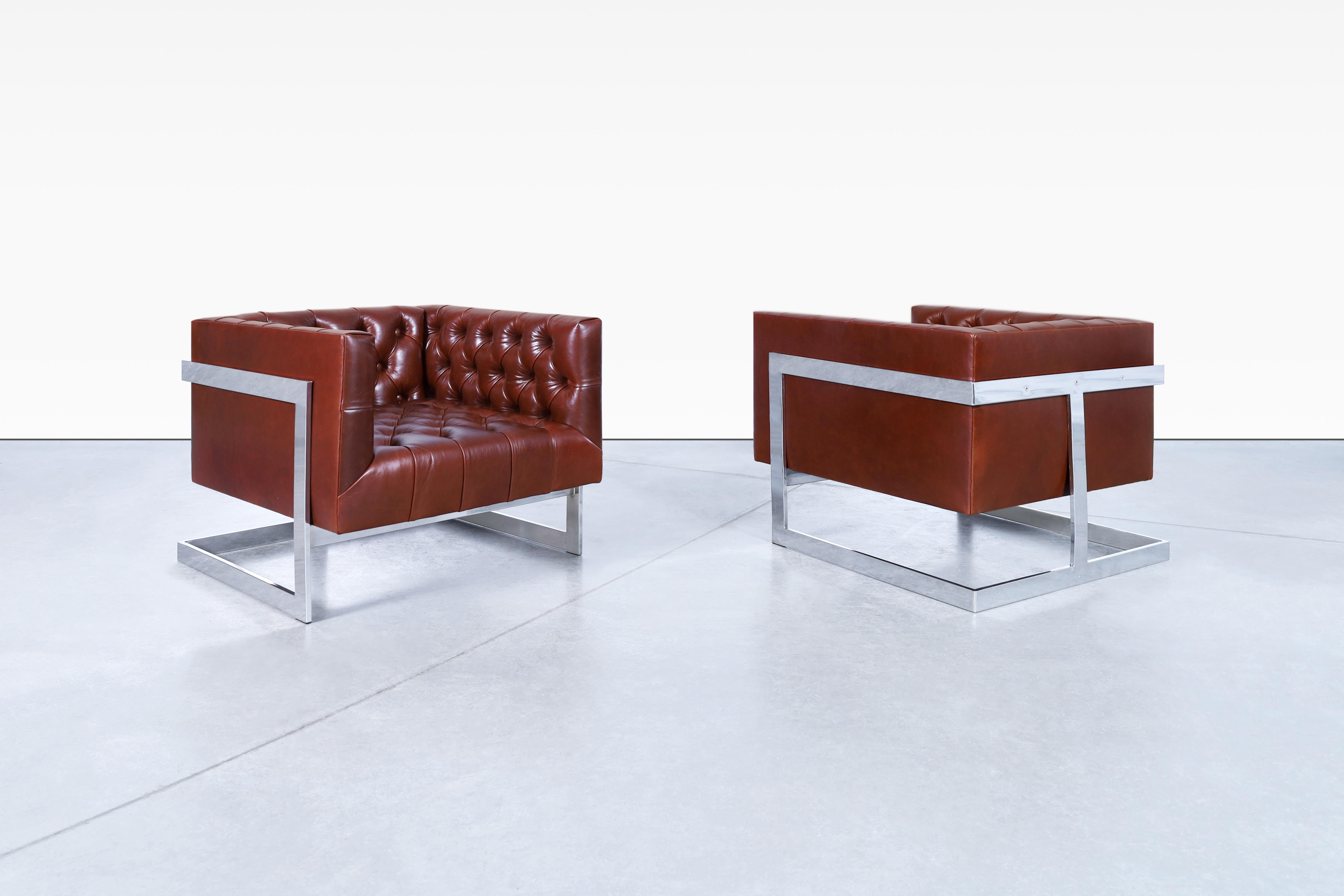 American Vintage Leather and Chrome Diamond Tufted Lounge Chairs by Milo Baughman For Sale