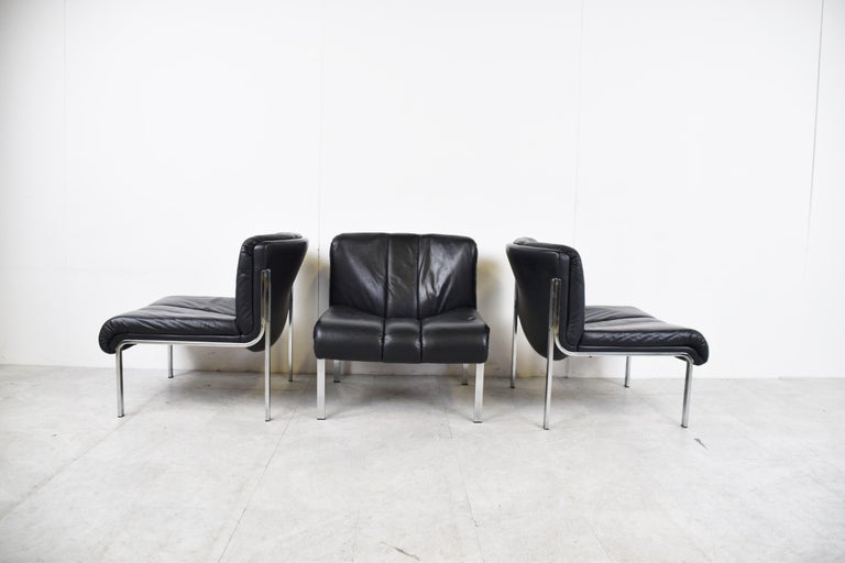Mid-Century Modern Vintage Leather and Chrome Eurochair Lounge Chairs by Girsberger, 1970s