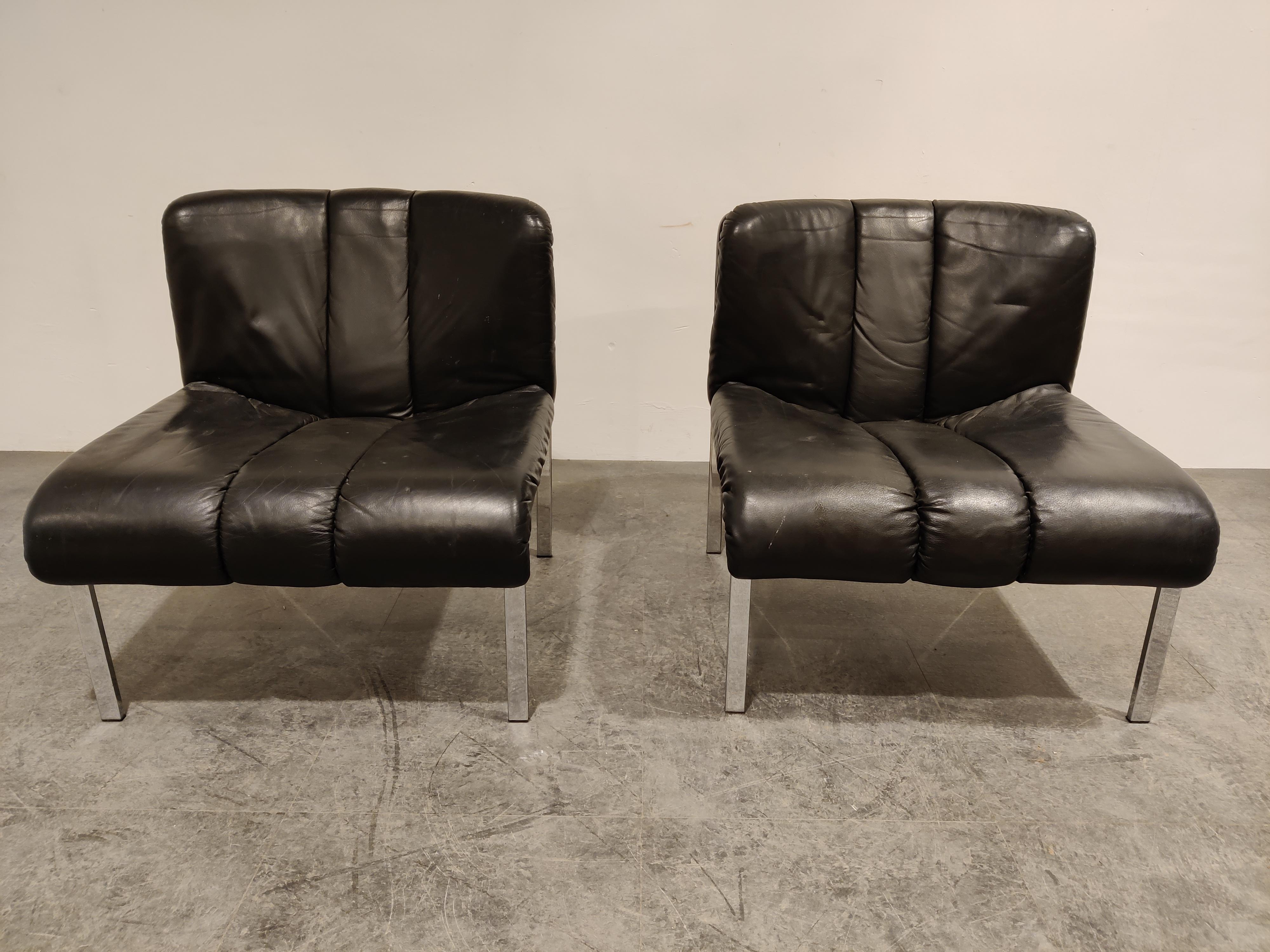 Mid-Century Modern Vintage Leather and Chrome Eurochair Lounge Chairs by Girsberger, 1970s