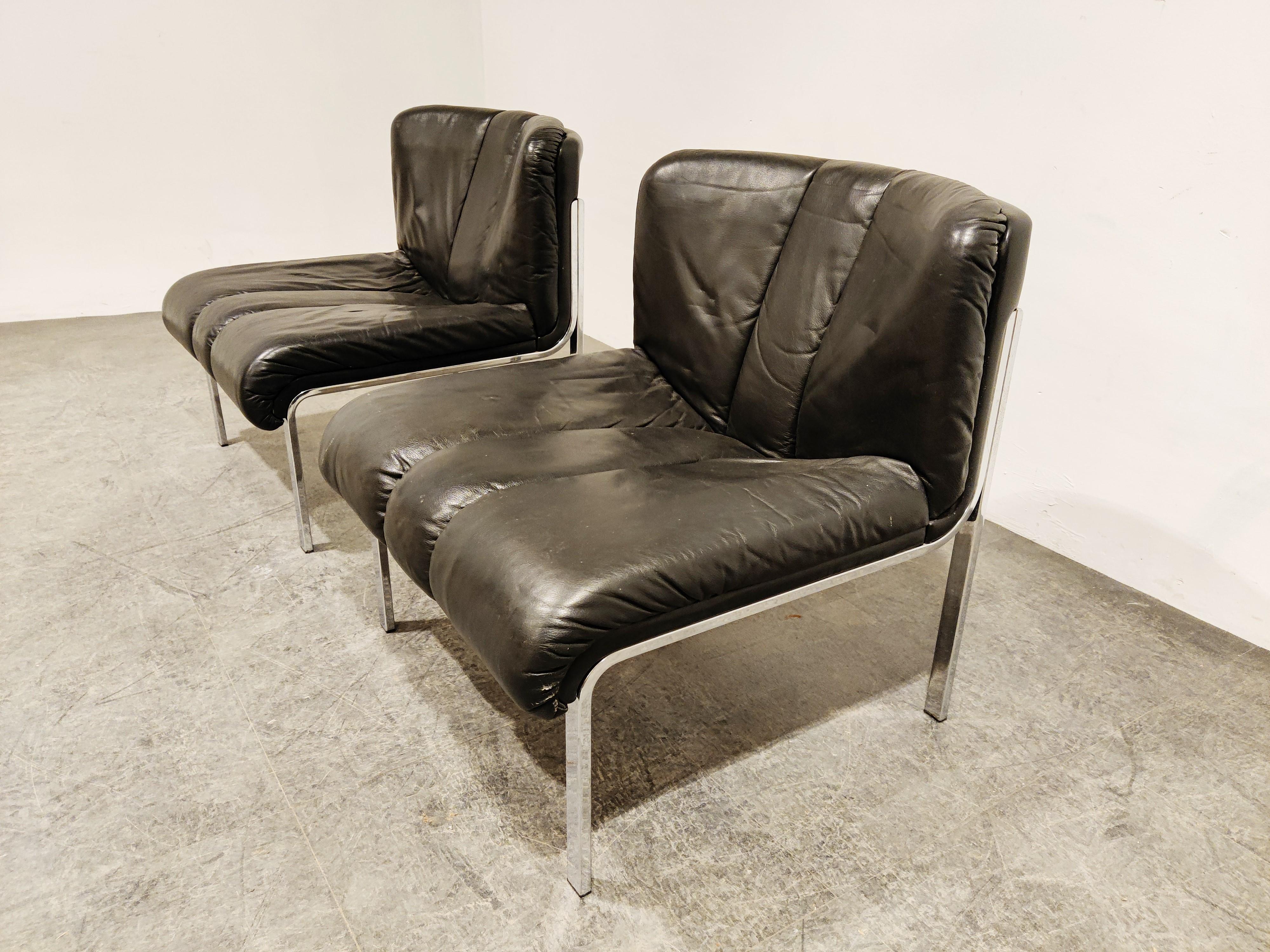 German Vintage Leather and Chrome Eurochair Lounge Chairs by Girsberger, 1970s