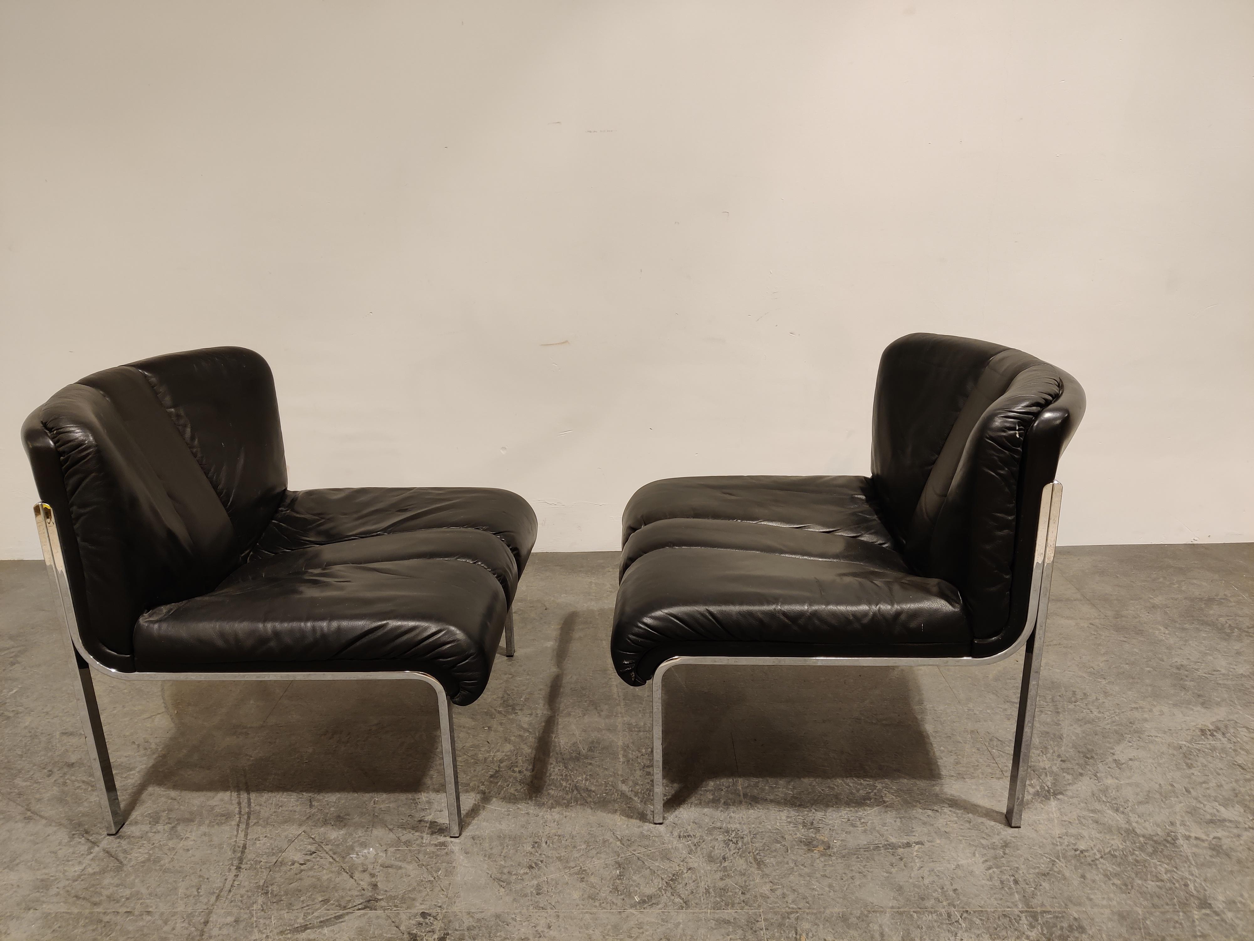 Vintage Leather and Chrome Eurochair Lounge Chairs by Girsberger, 1970s In Good Condition In HEVERLEE, BE