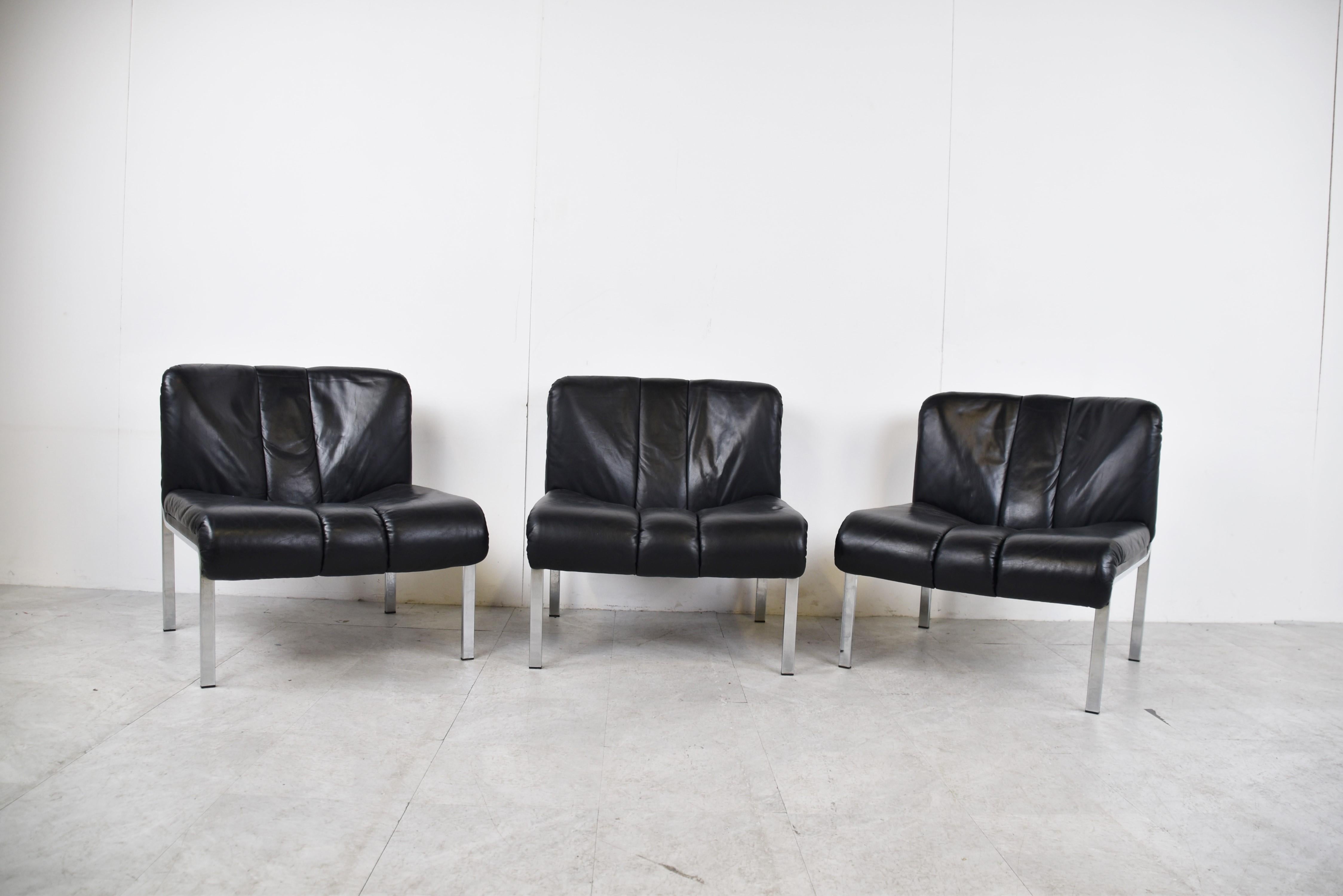 Vintage Leather and Chrome Eurochair Lounge Chairs by Girsberger, 1970s 1