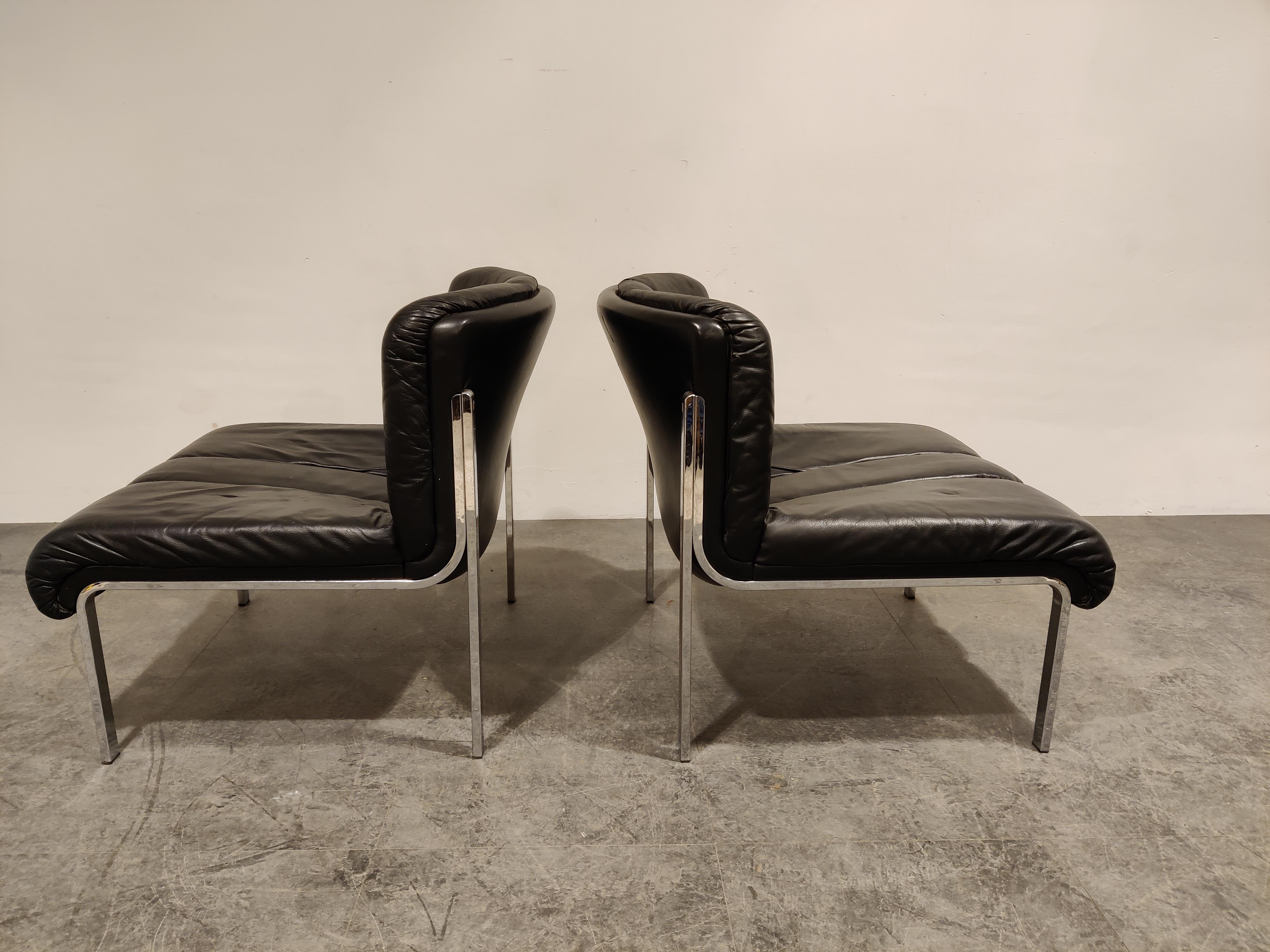 Vintage Leather and Chrome Eurochair Lounge Chairs by Girsberger, 1970s 1