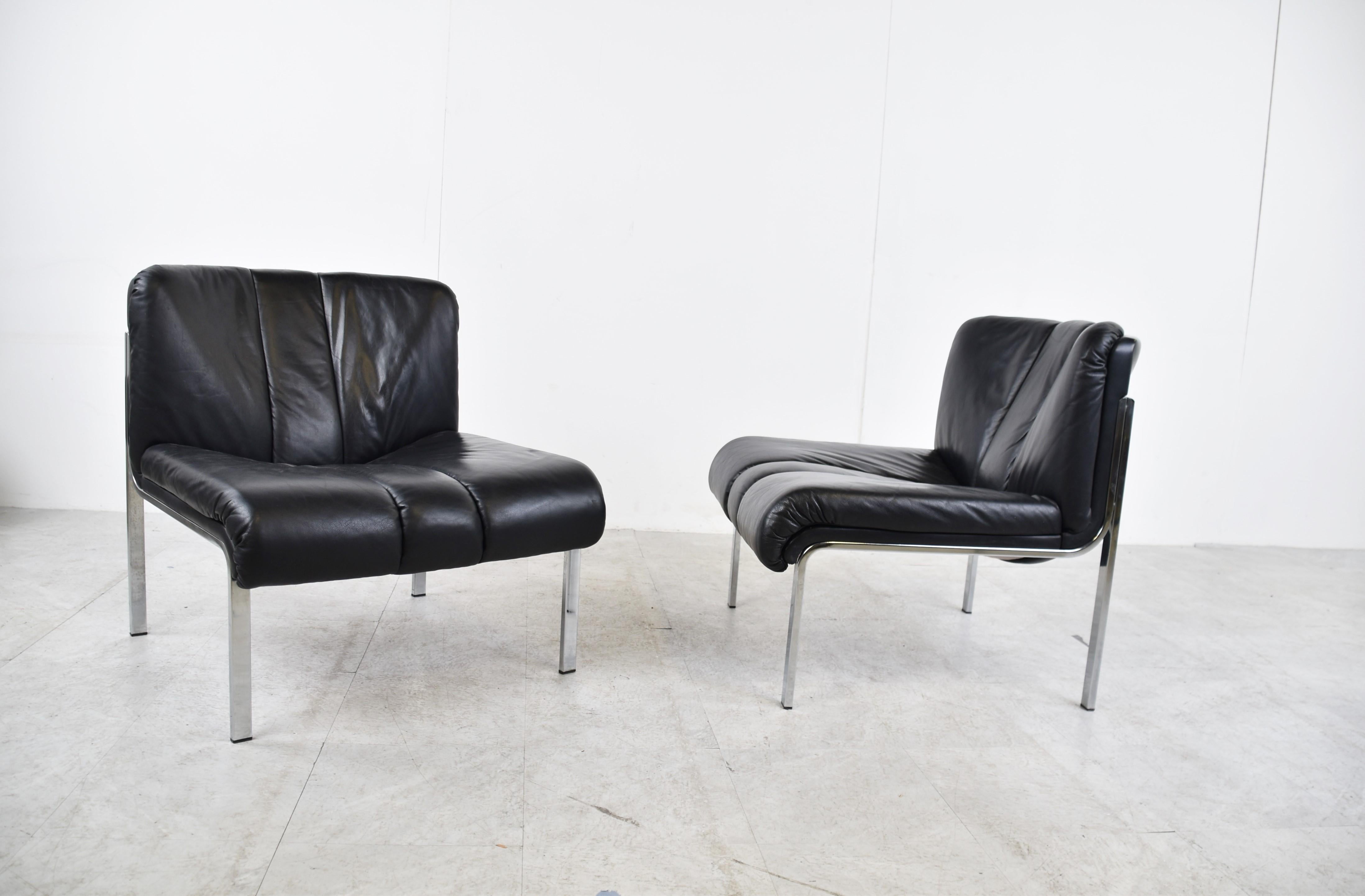 Vintage Leather and Chrome Eurochair Lounge Chairs by Girsberger, 1970s 3