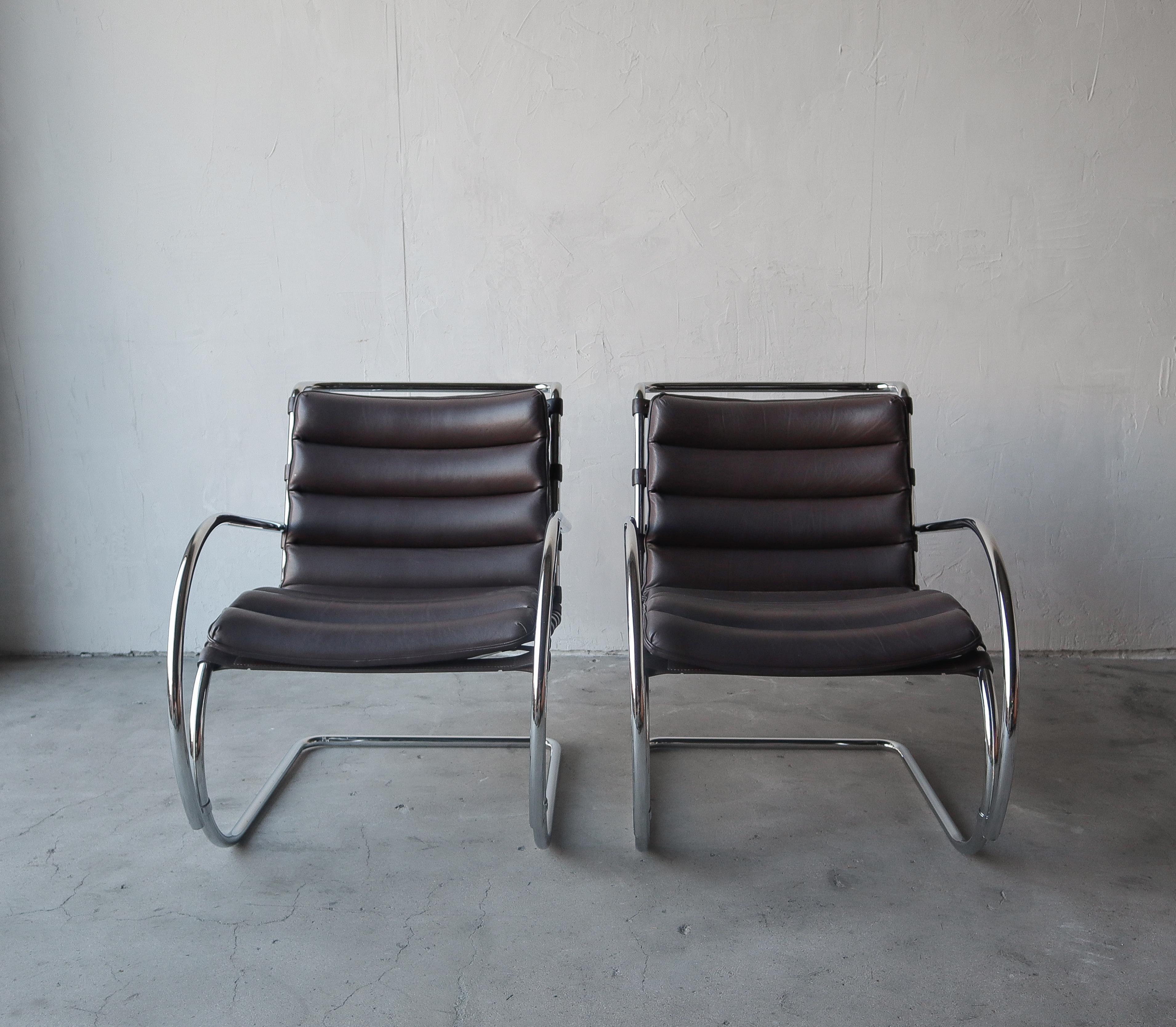 Pair of Vintage Leather and Chrome Knoll MR Lounge Arm Chairs 2