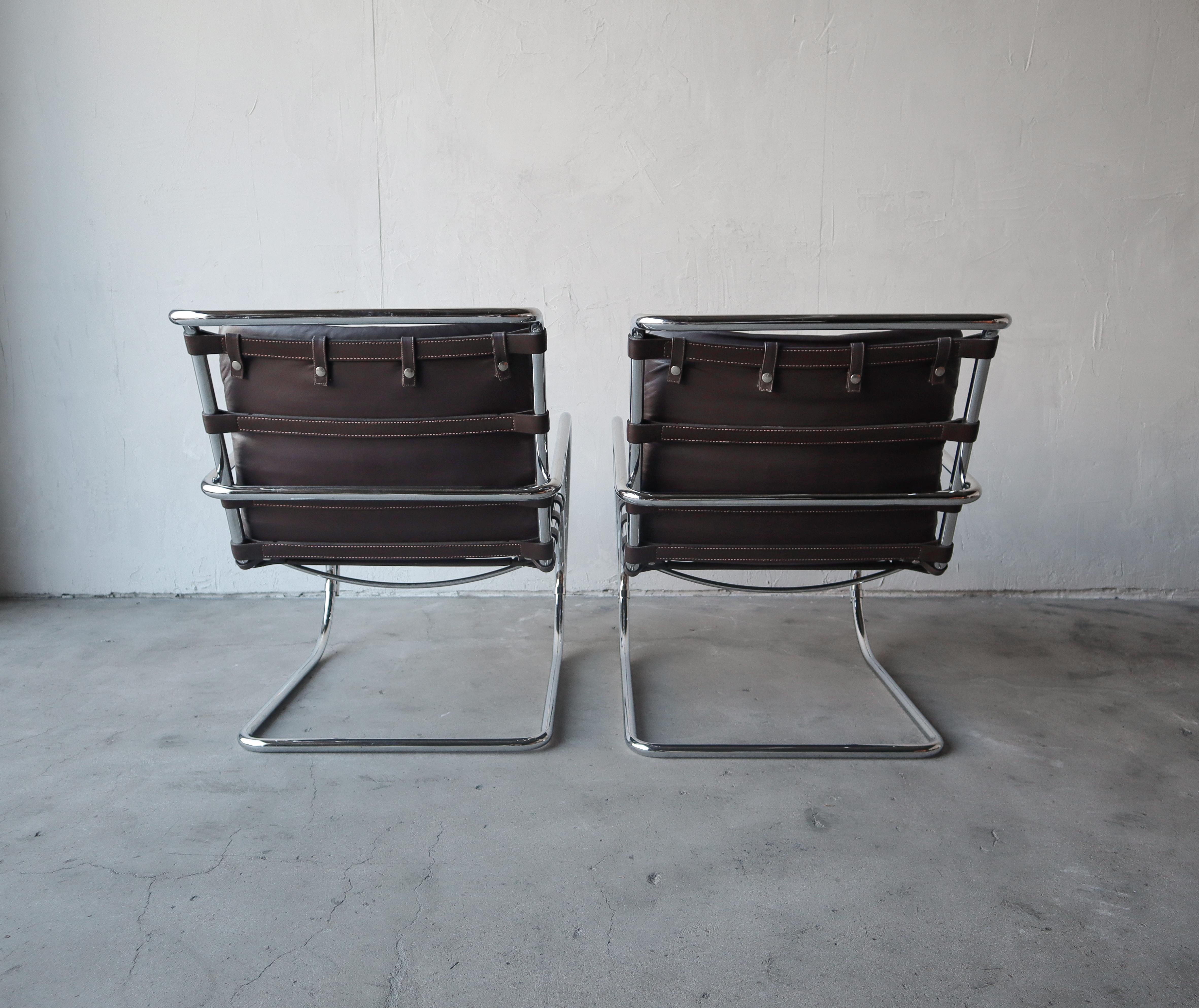 Pair of Vintage Leather and Chrome Knoll MR Lounge Arm Chairs 3