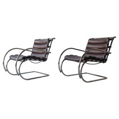 Pair of Vintage Leather and Chrome Knoll MR Lounge Arm Chairs