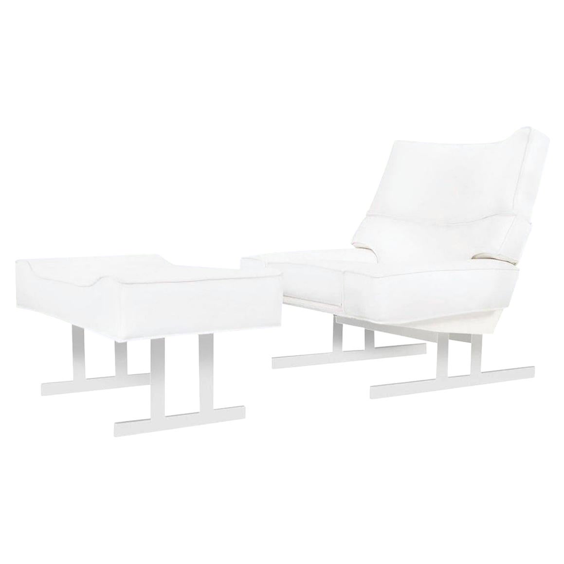 Chaise longue inclinable et pouf en cuir vintage et chrome