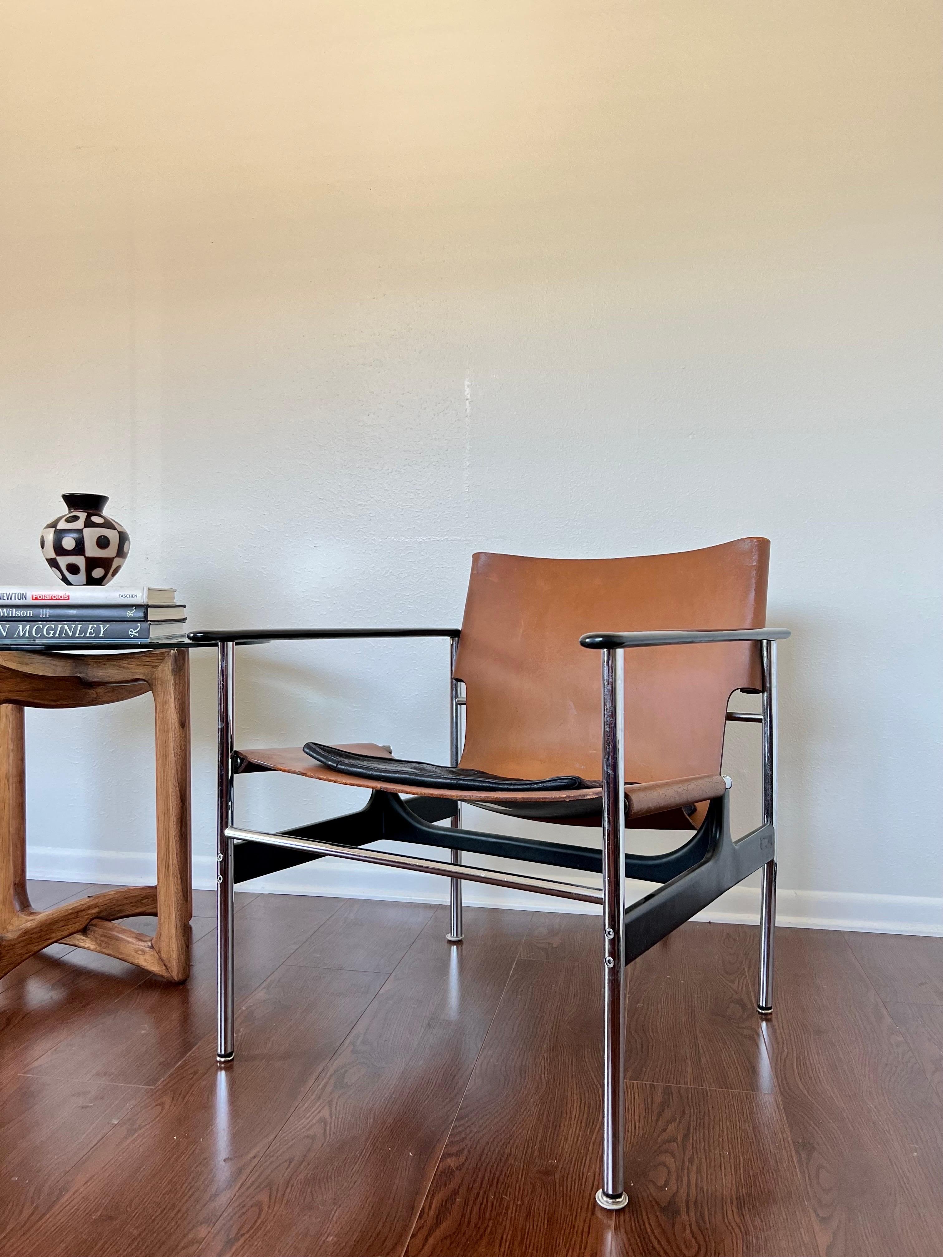 Vintage Leather and Chrome Sling Lounge Chair by Charles Pollock for Knoll For Sale 3