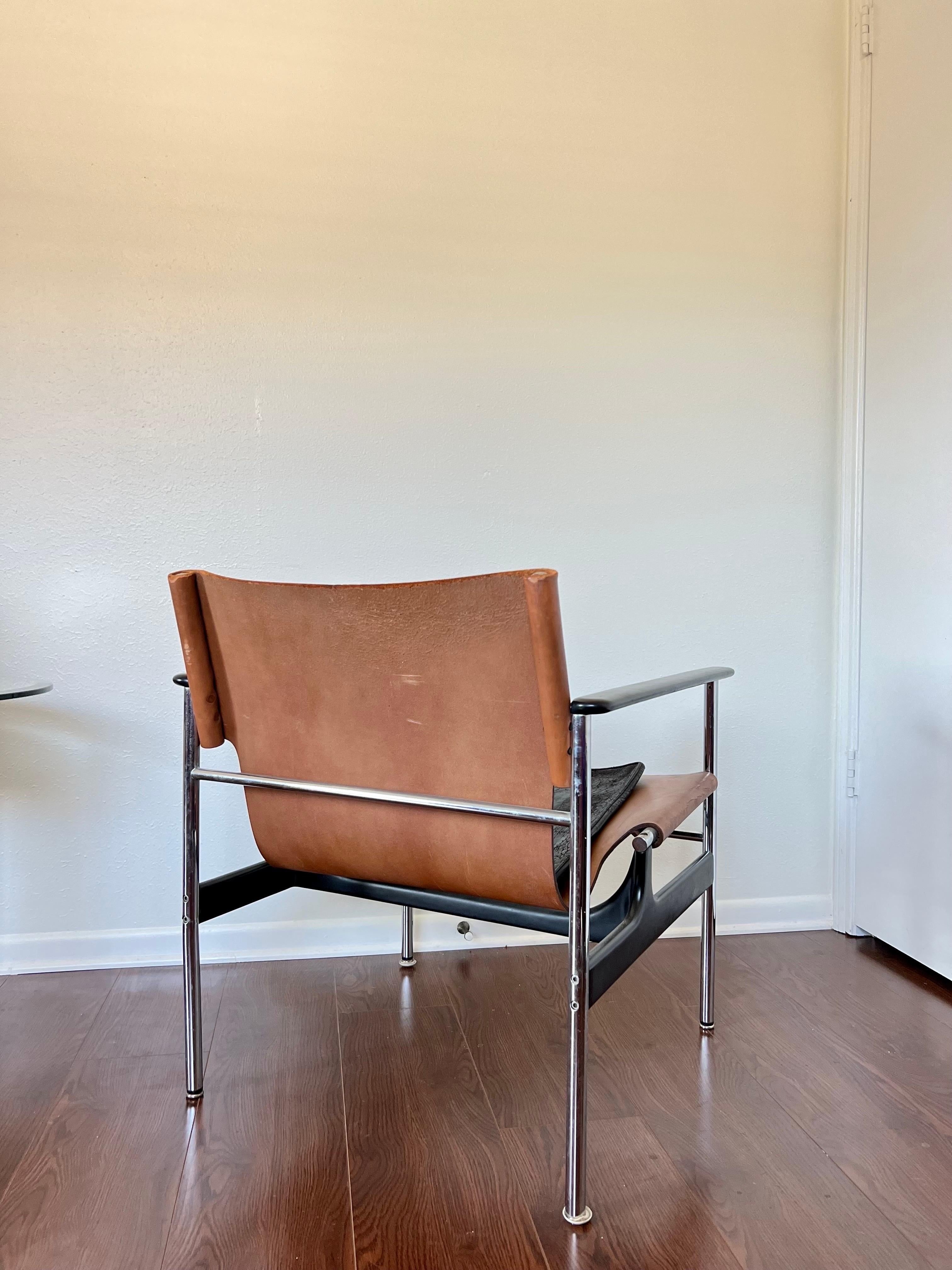 Vintage Leather and Chrome Sling Lounge Chair by Charles Pollock for Knoll For Sale 5