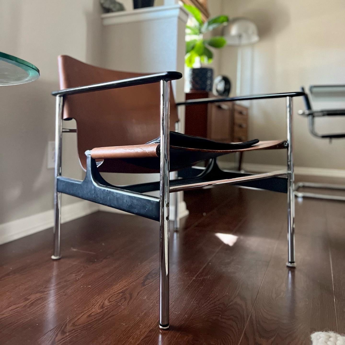 Vintage Leather and Chrome Sling Lounge Chair by Charles Pollock for Knoll For Sale 6