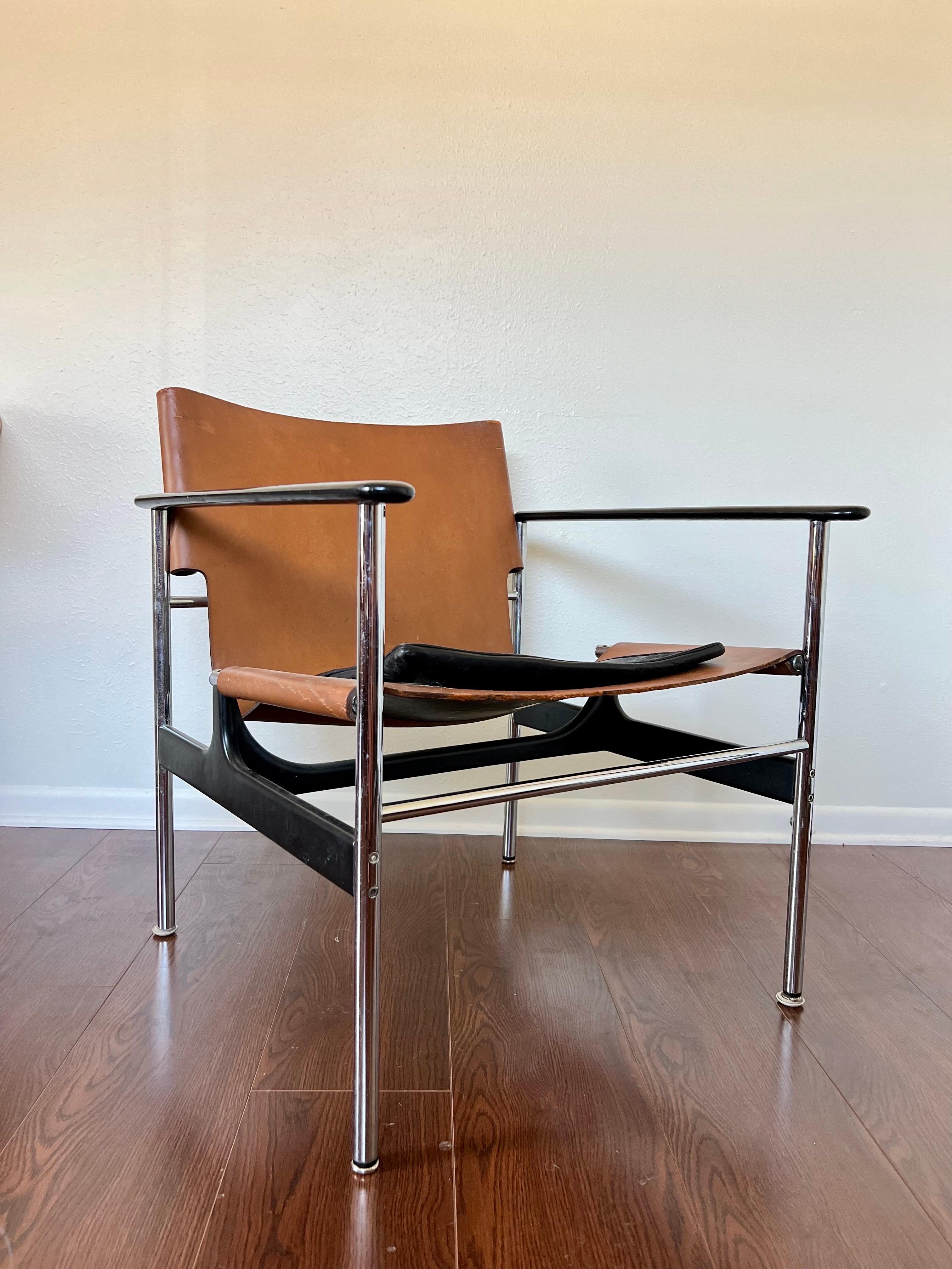 Mid-Century Modern Vintage Leather and Chrome Sling Lounge Chair by Charles Pollock for Knoll For Sale