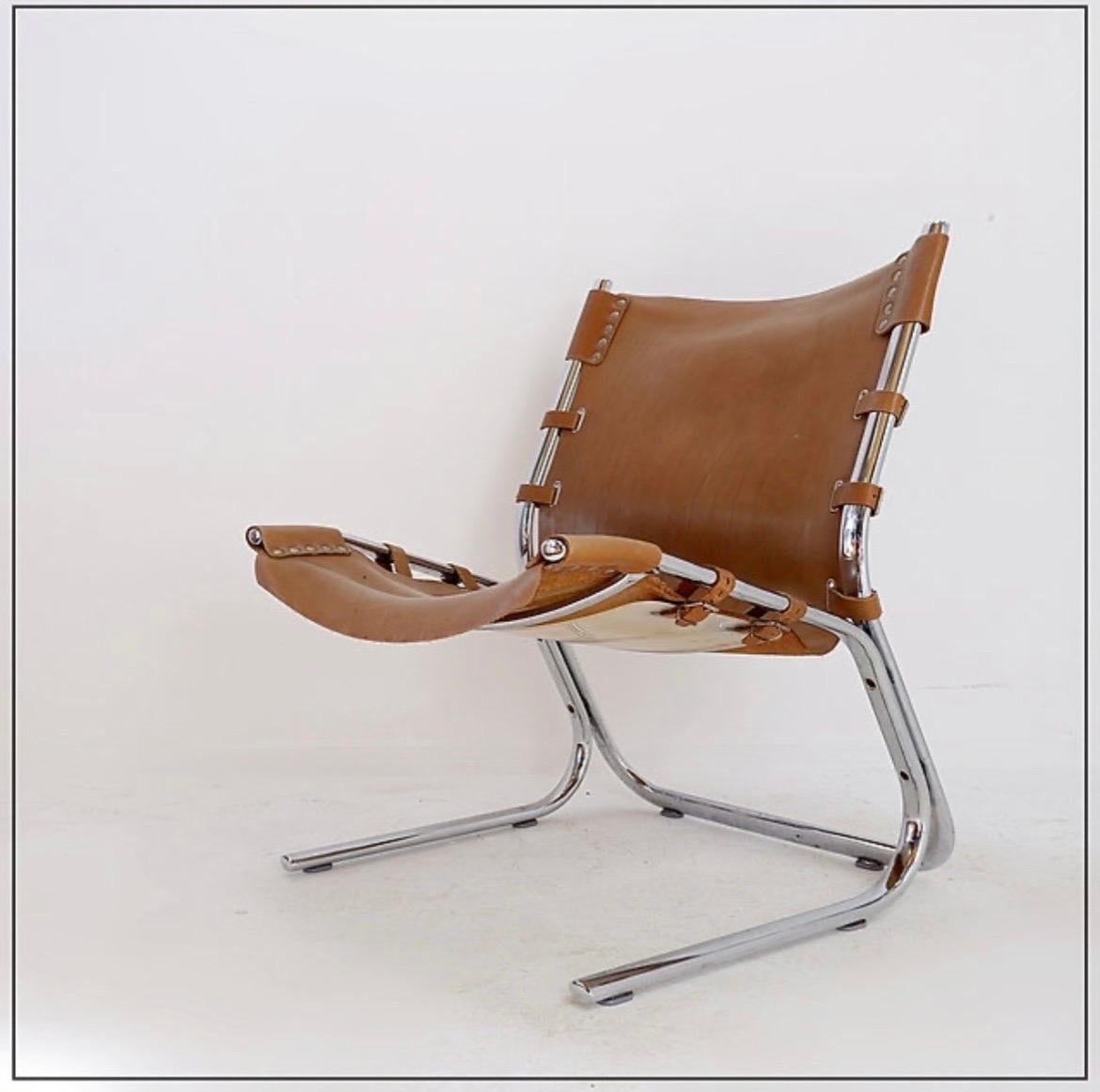 Mid-Century Modern Vintage Leather and chrome Tubular Lounge Sling Chair, 1960s For Sale