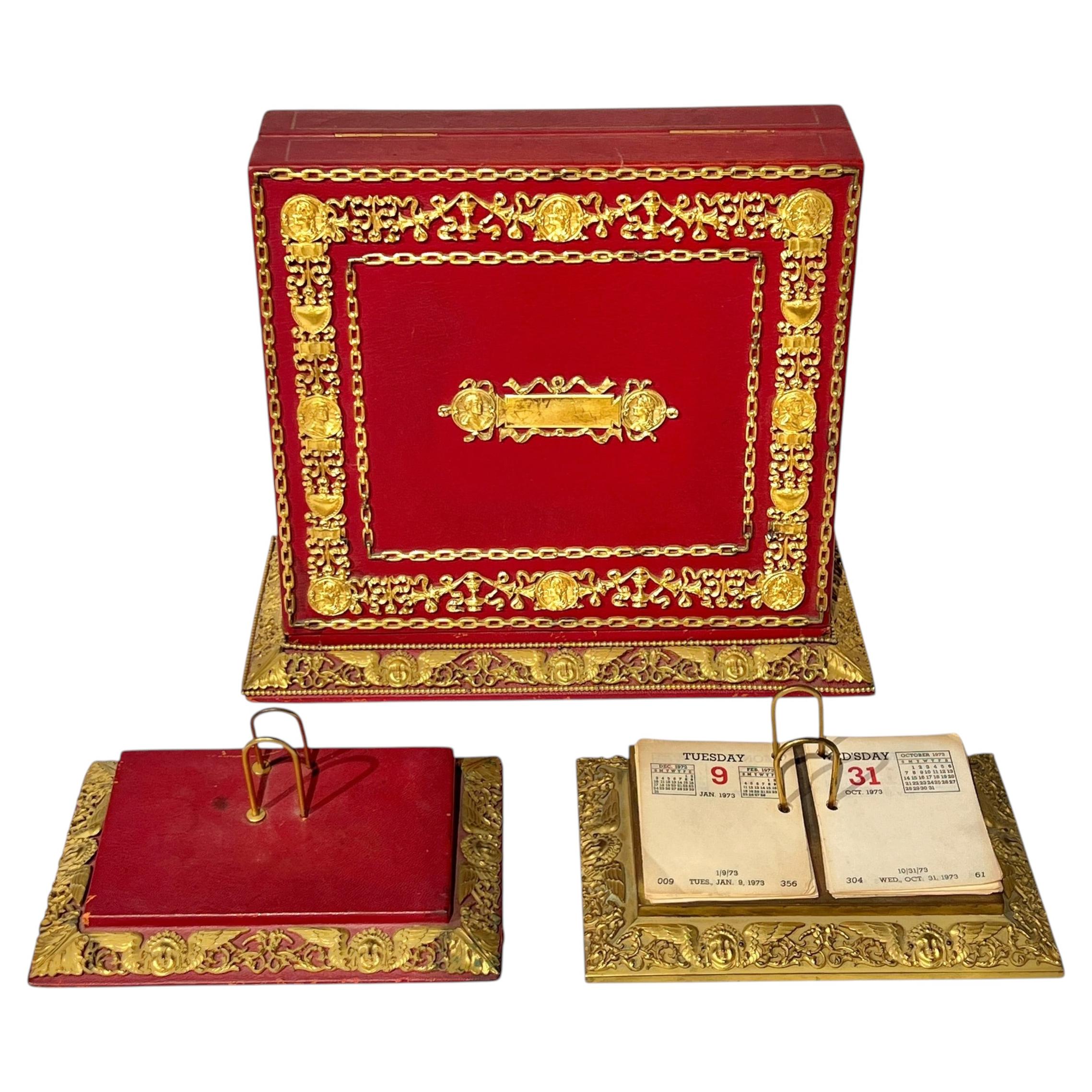 Set da scrivania in pelle e metallo dorato vintage