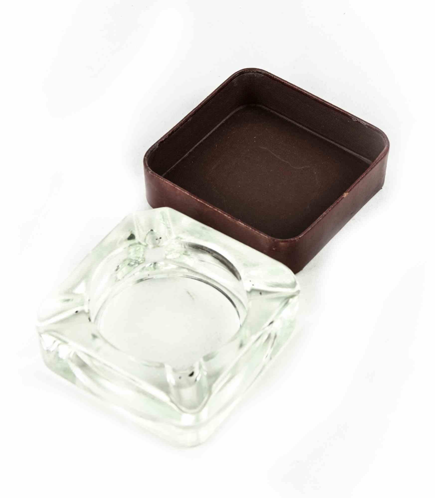 European Vintage Leather and Glass Ashtray, 1970s