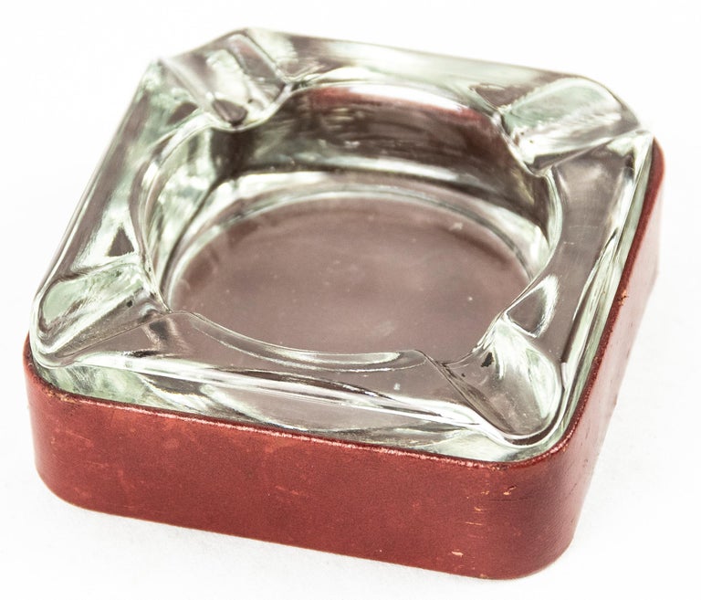Late 20th Century Vintage Leather and Glass Ashtray, 1970s For Sale