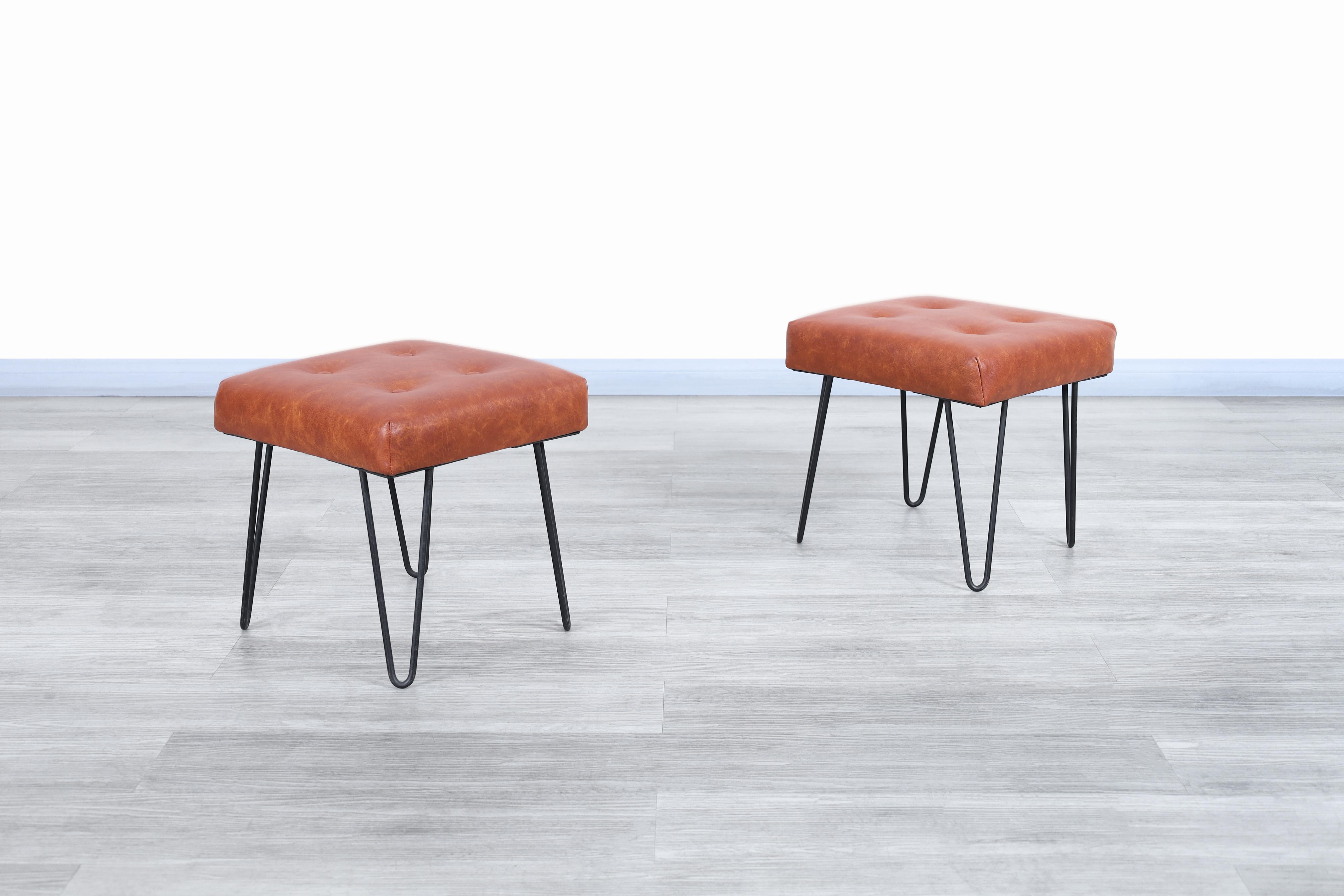 Mid-Century Modern Vintage Leather and Iron Stools For Sale