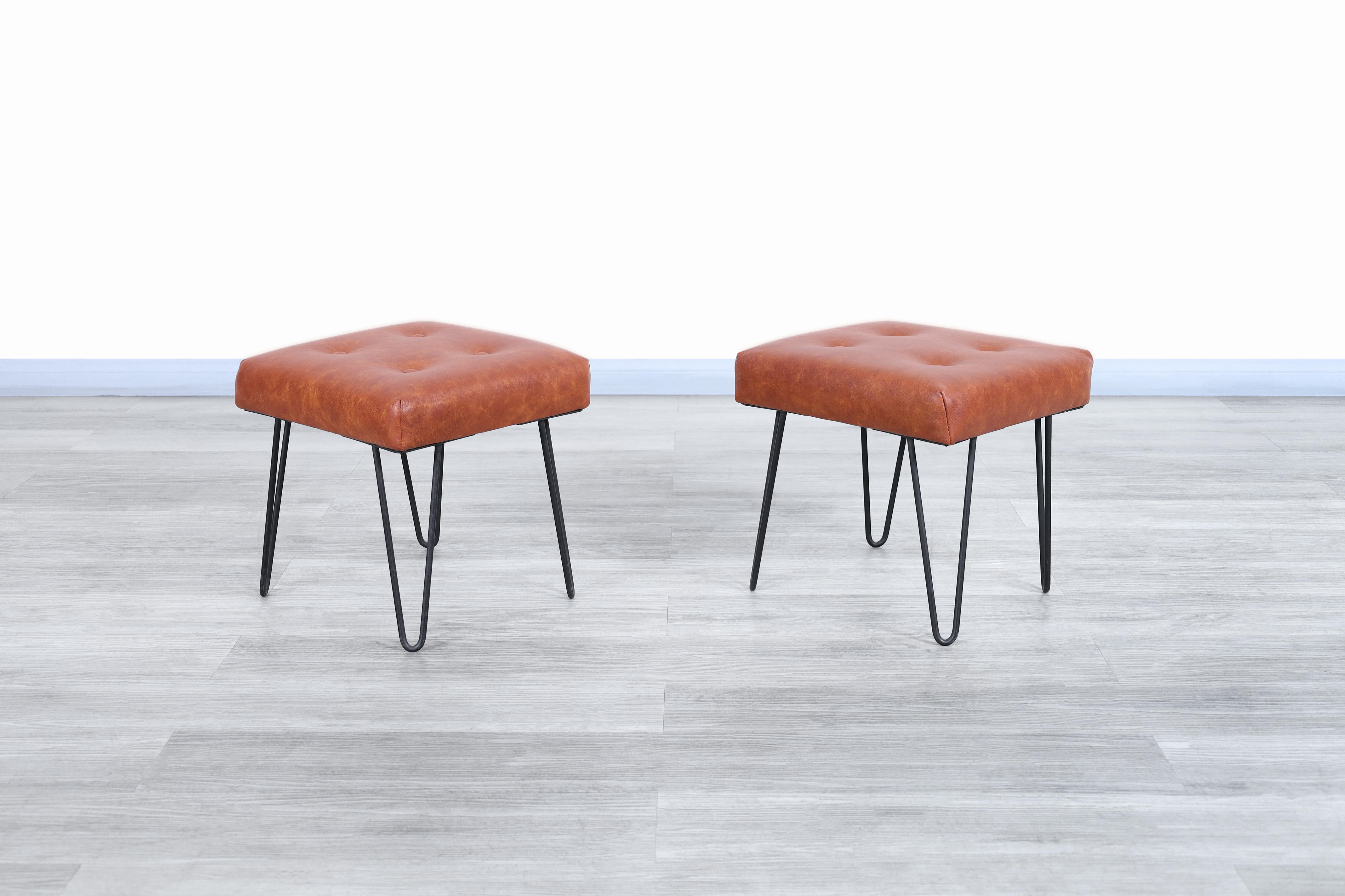 American Vintage Leather and Iron Stools For Sale