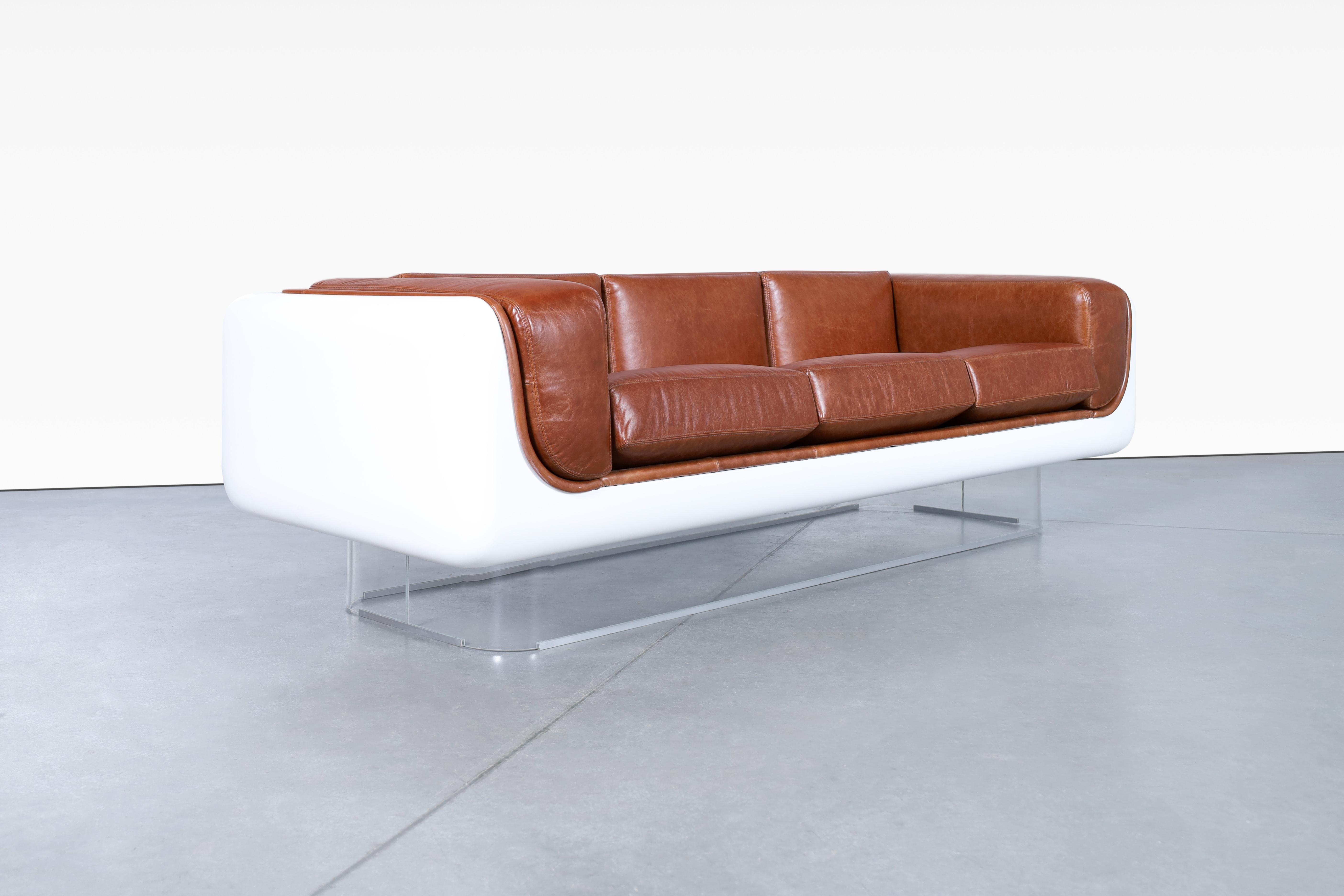 American Vintage Leather and Lucite Floating Sofa by William C. Andrus for Steelcase For Sale