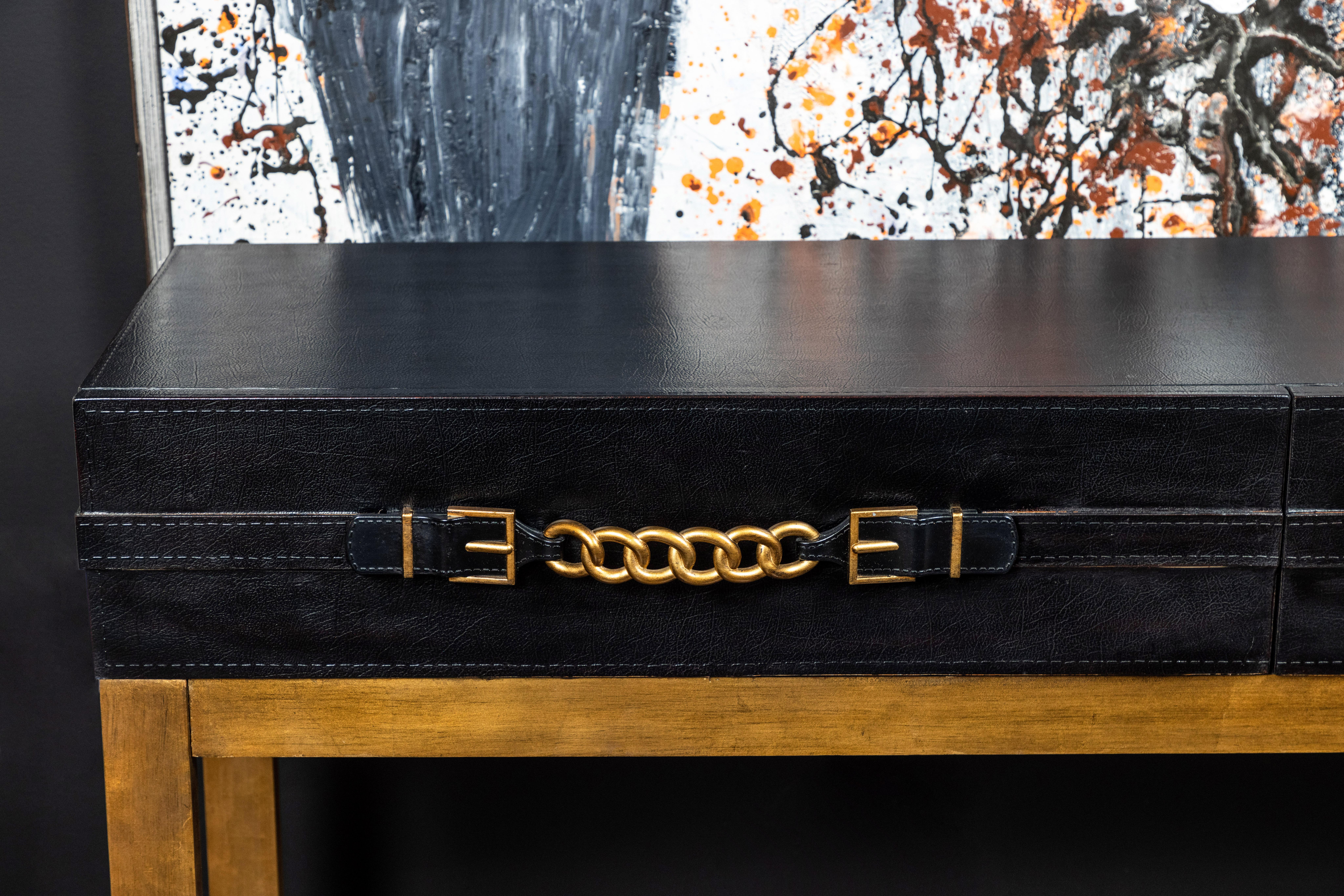 Vintage Leather and Metal Console Table 2