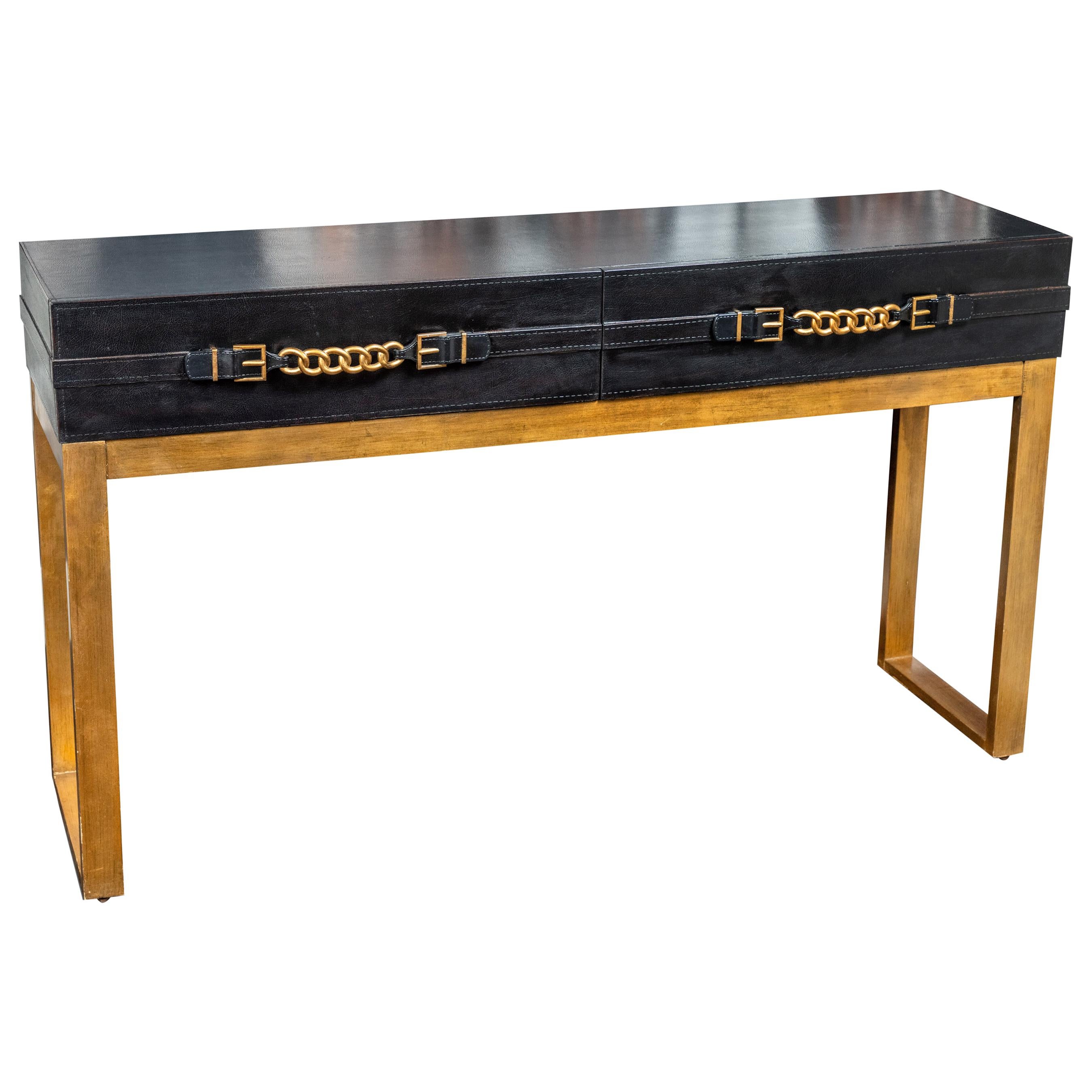 Vintage Leather and Metal Console Table