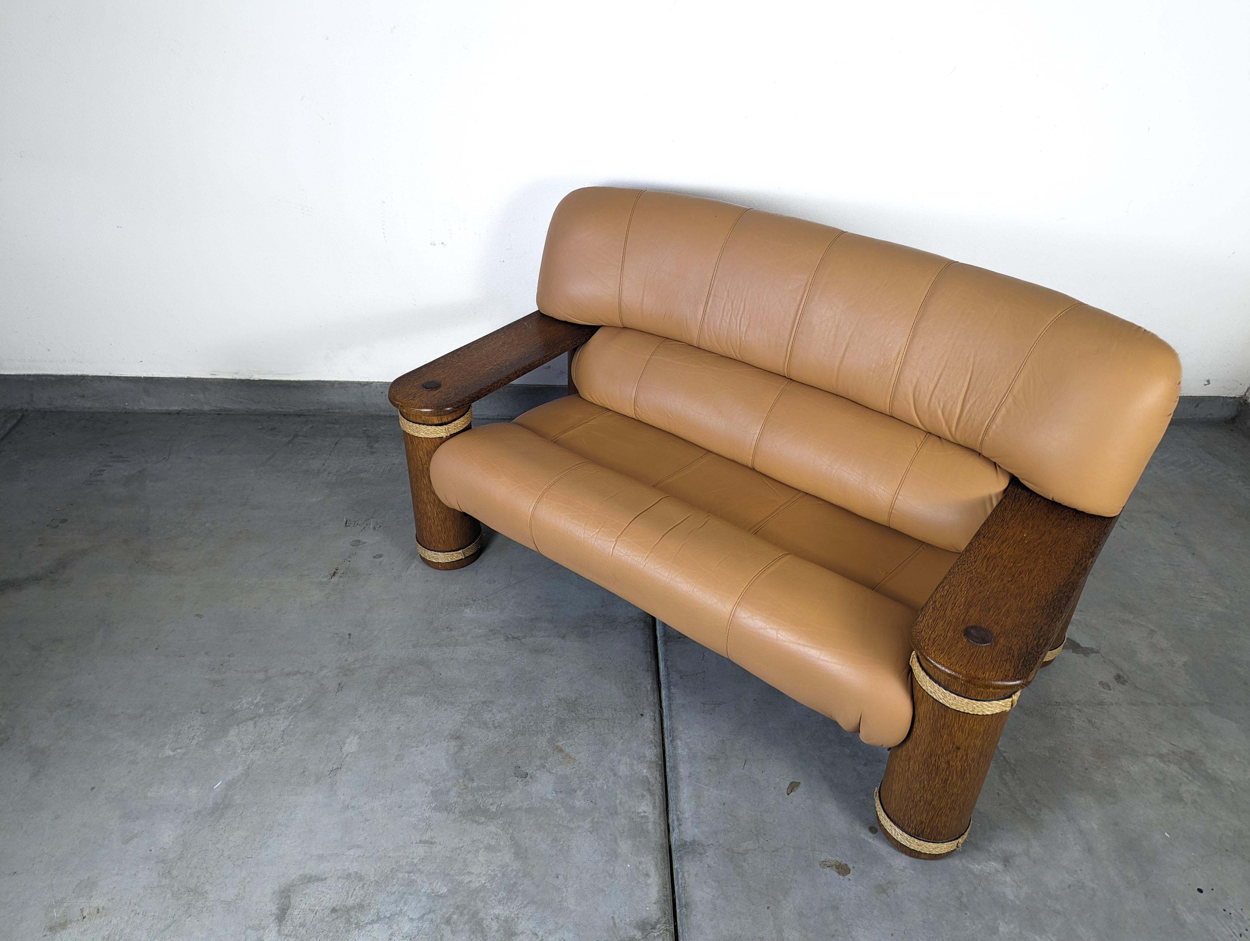 Vintage Loveseat Sofa aus Leder und Palmholz von Pacific Green, 1990er Jahre im Angebot 2