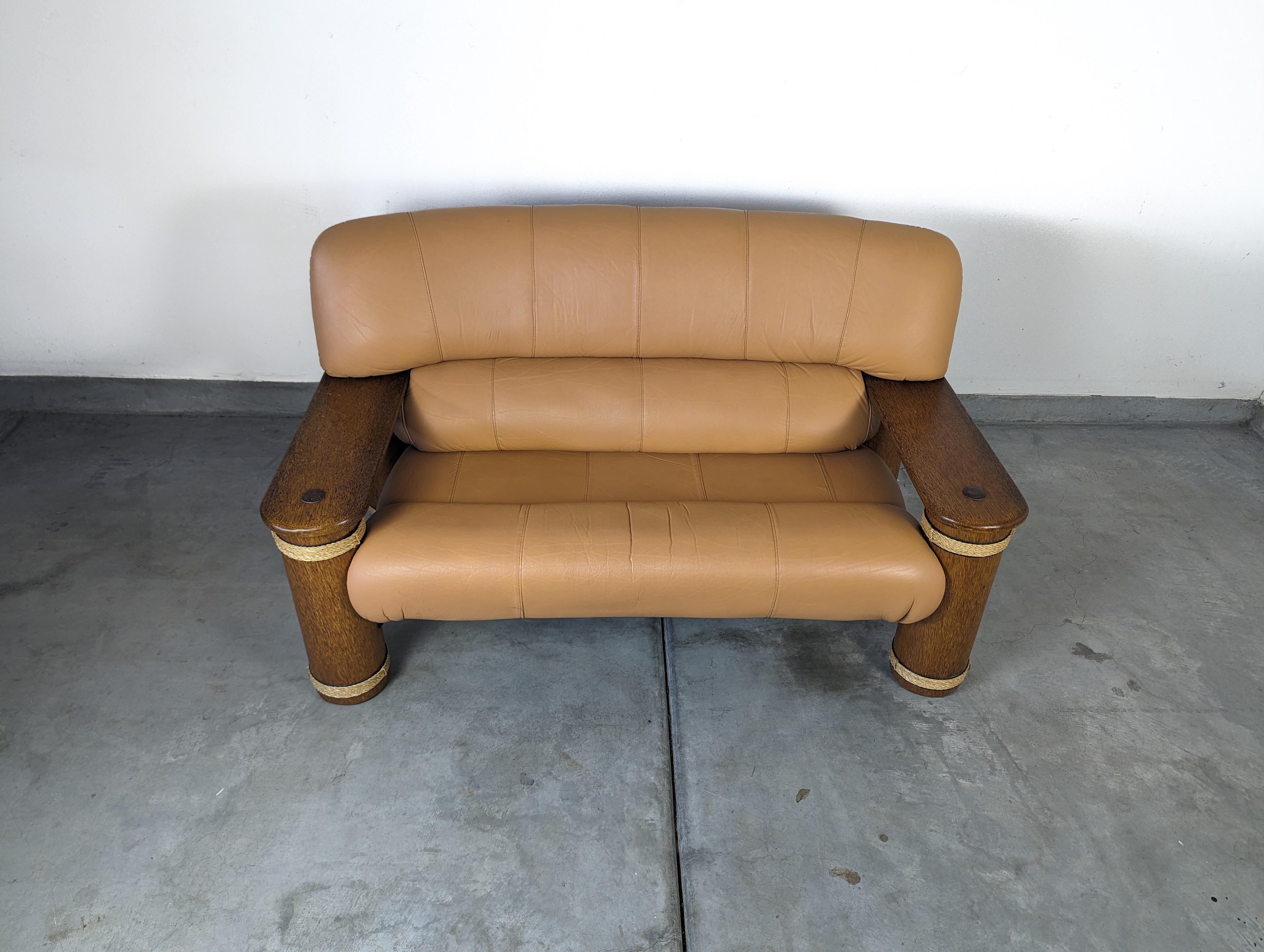 Vintage Leather and Palmwood Loveseat Sofa by Pacific Green, c1990s For Sale 2