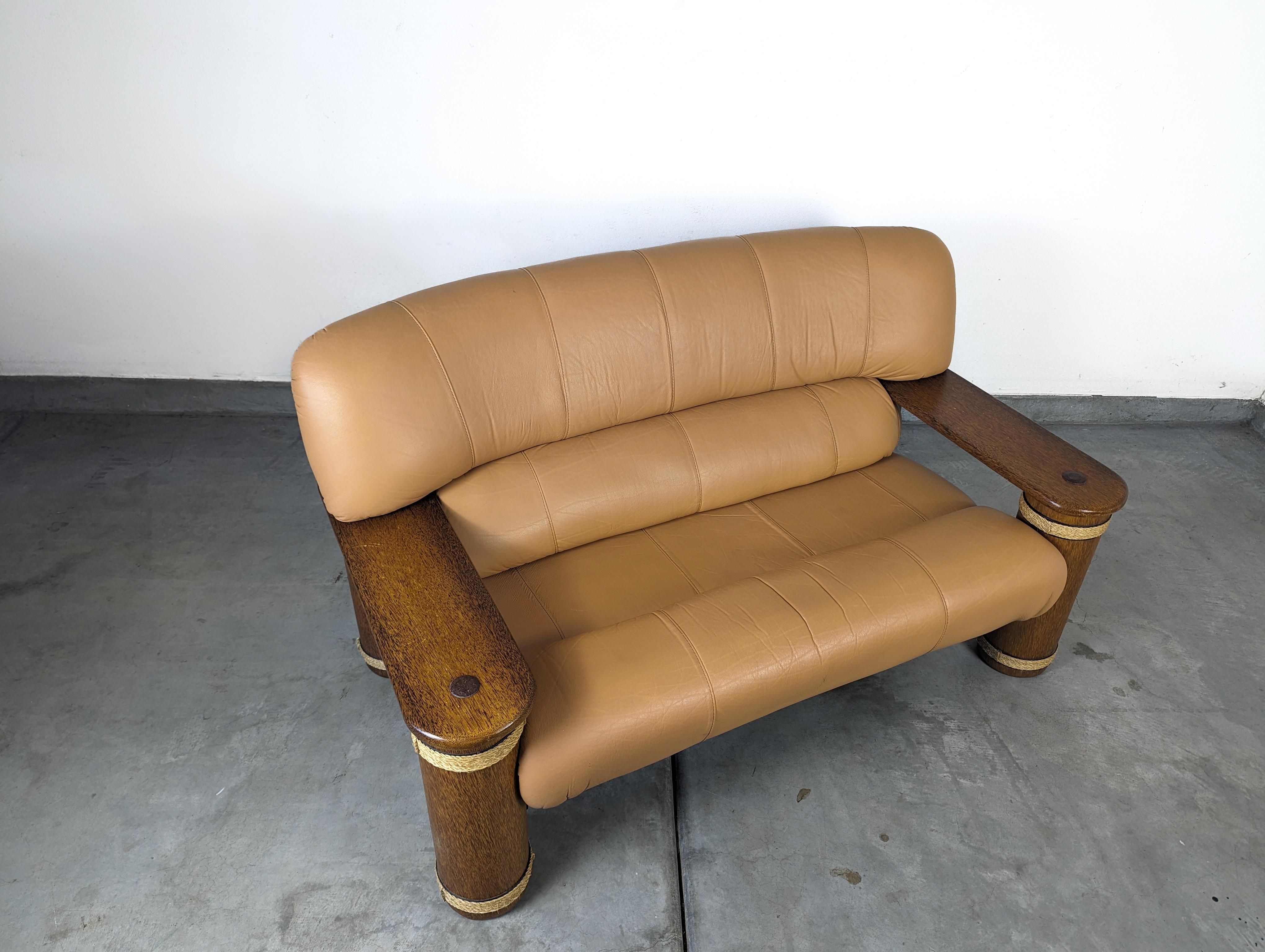 Vintage Leather and Palmwood Loveseat Sofa by Pacific Green, c1990s For Sale 1