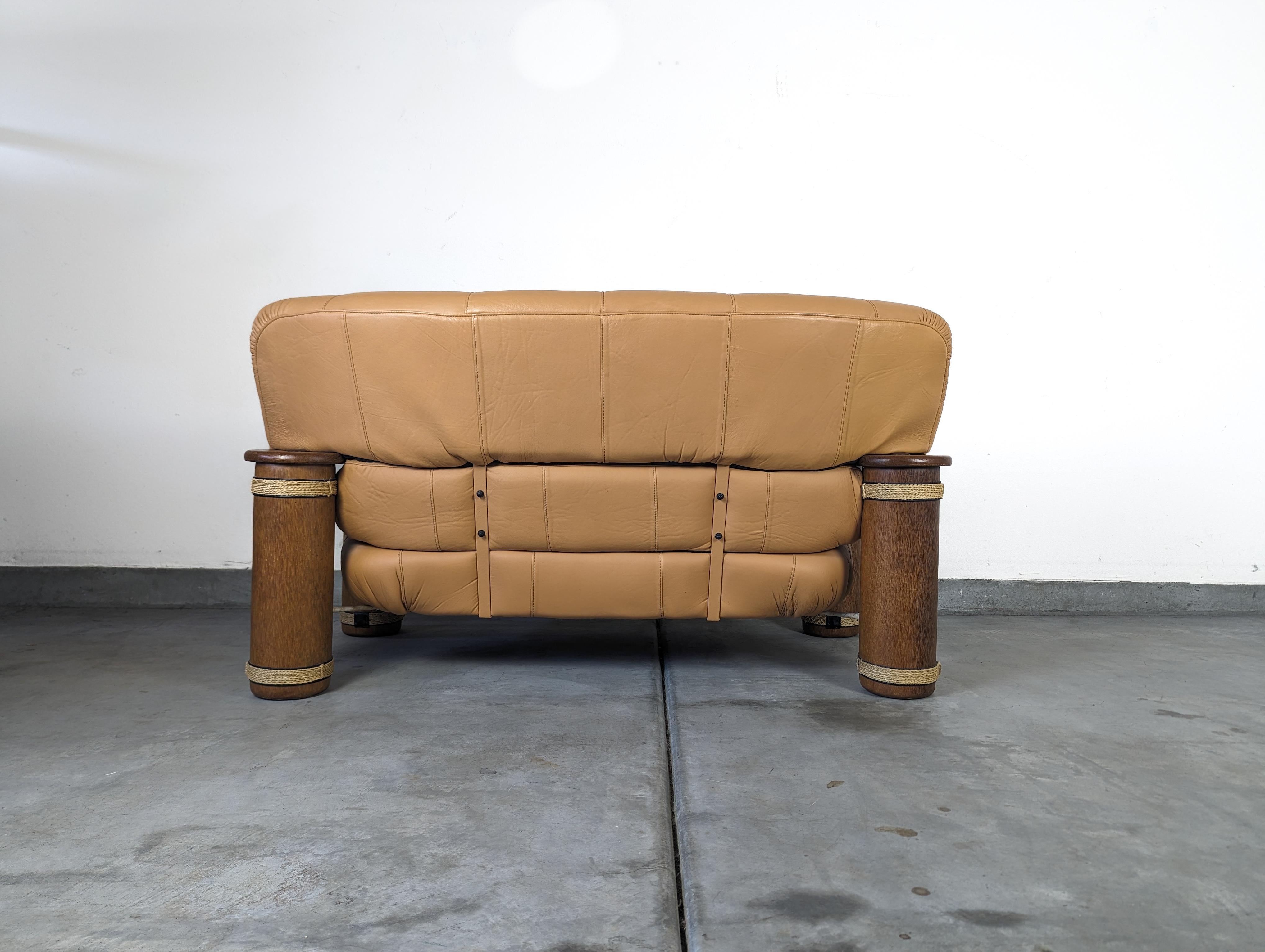 Organic Modern Vintage Leather and Palmwood Loveseat Sofa by Pacific Green, c1990s For Sale