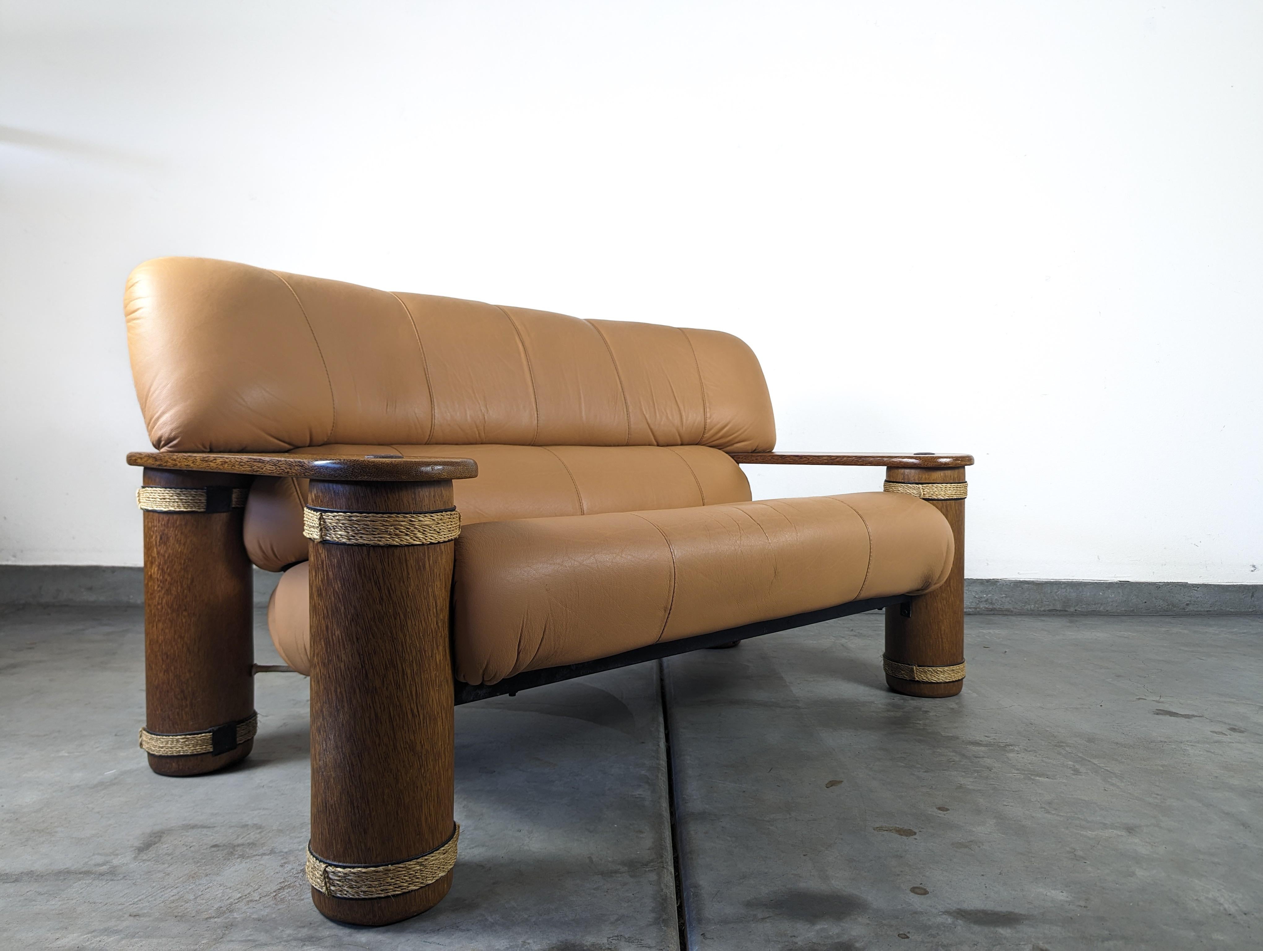 Australian Vintage Leather and Palmwood Loveseat Sofa by Pacific Green, c1990s