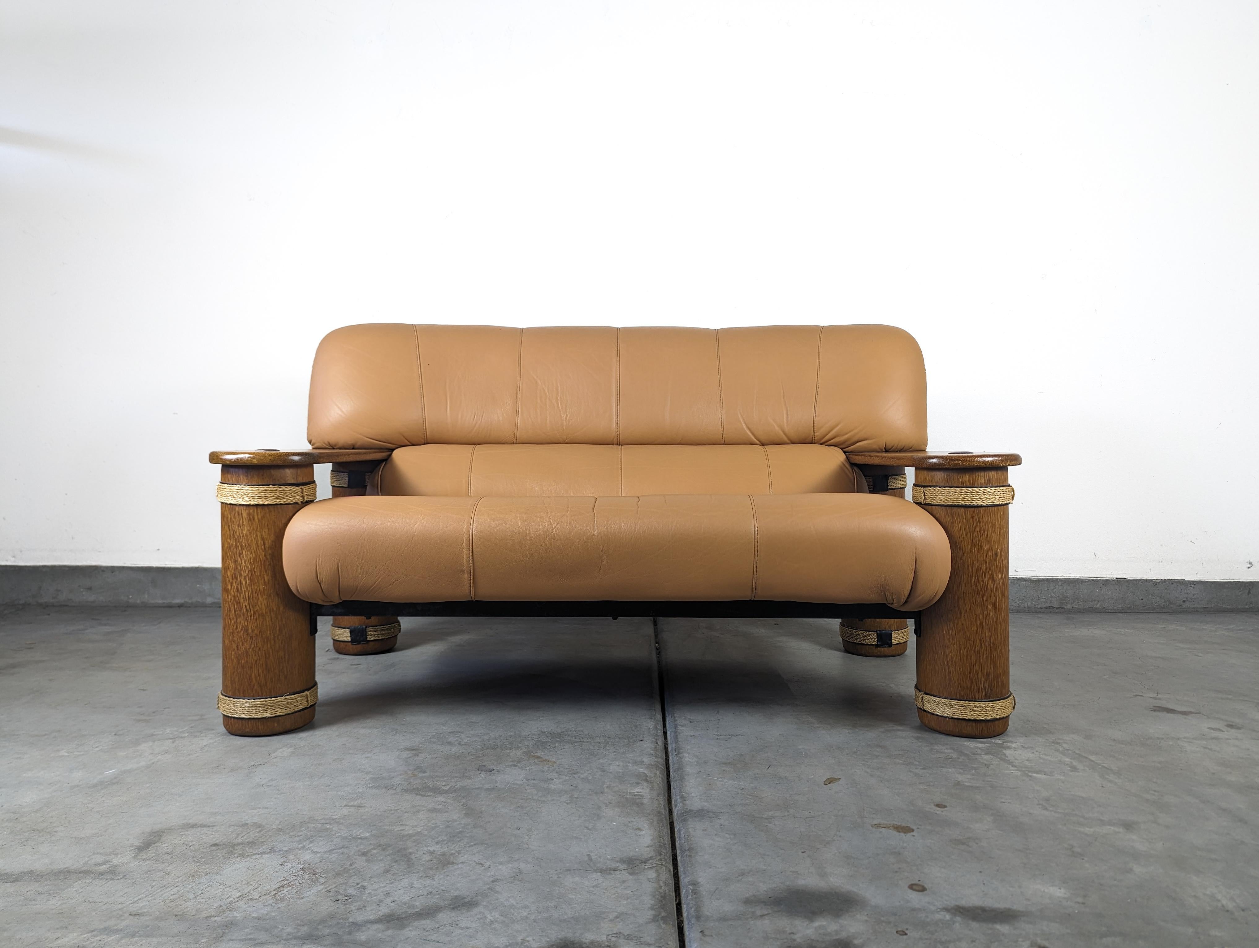 Late 20th Century Vintage Leather and Palmwood Loveseat Sofa by Pacific Green, c1990s For Sale