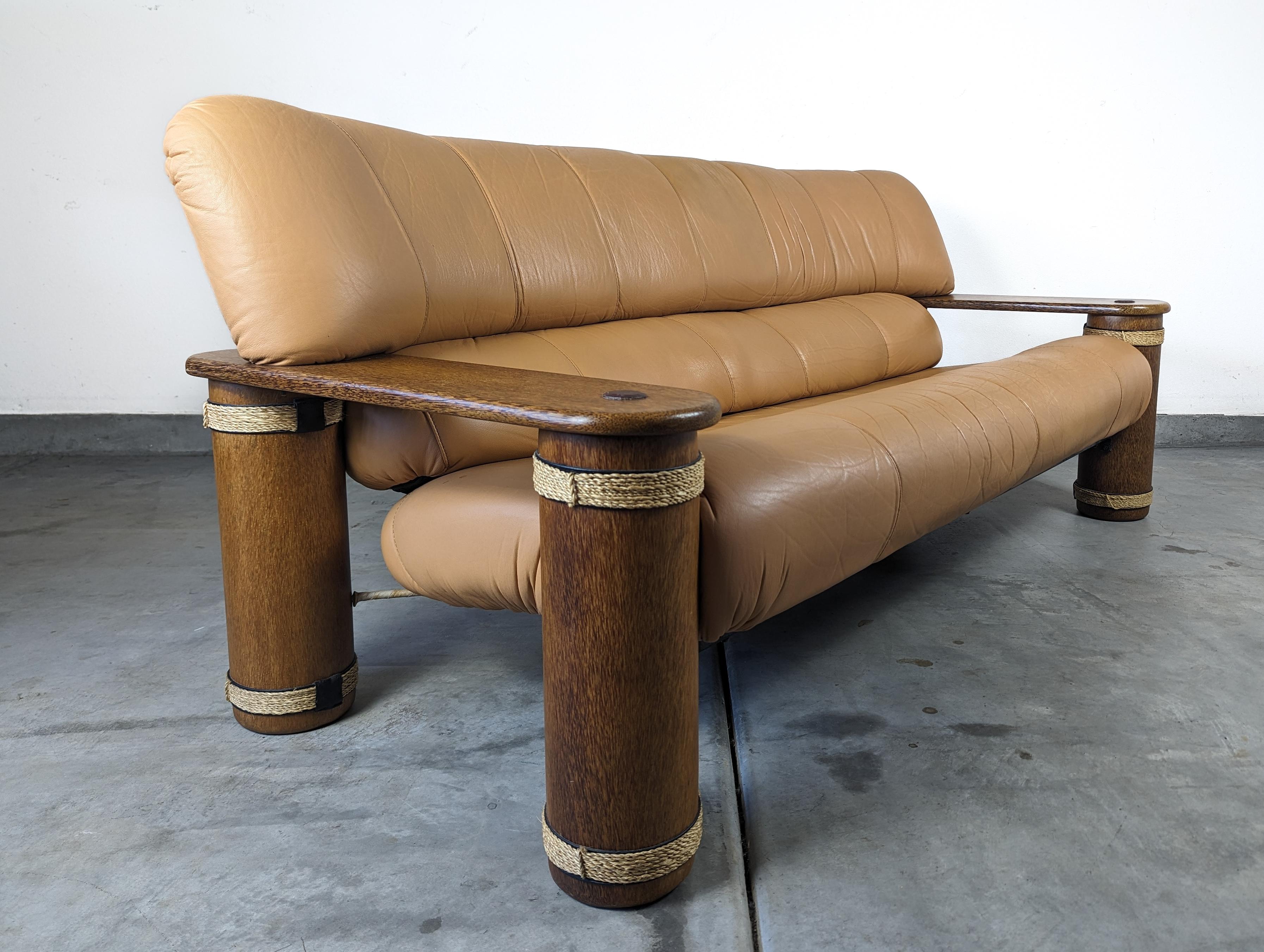 Dreisitziges Vintage-Sofa aus Leder und Palmholz von Pacific Green, um 1990 im Angebot 4