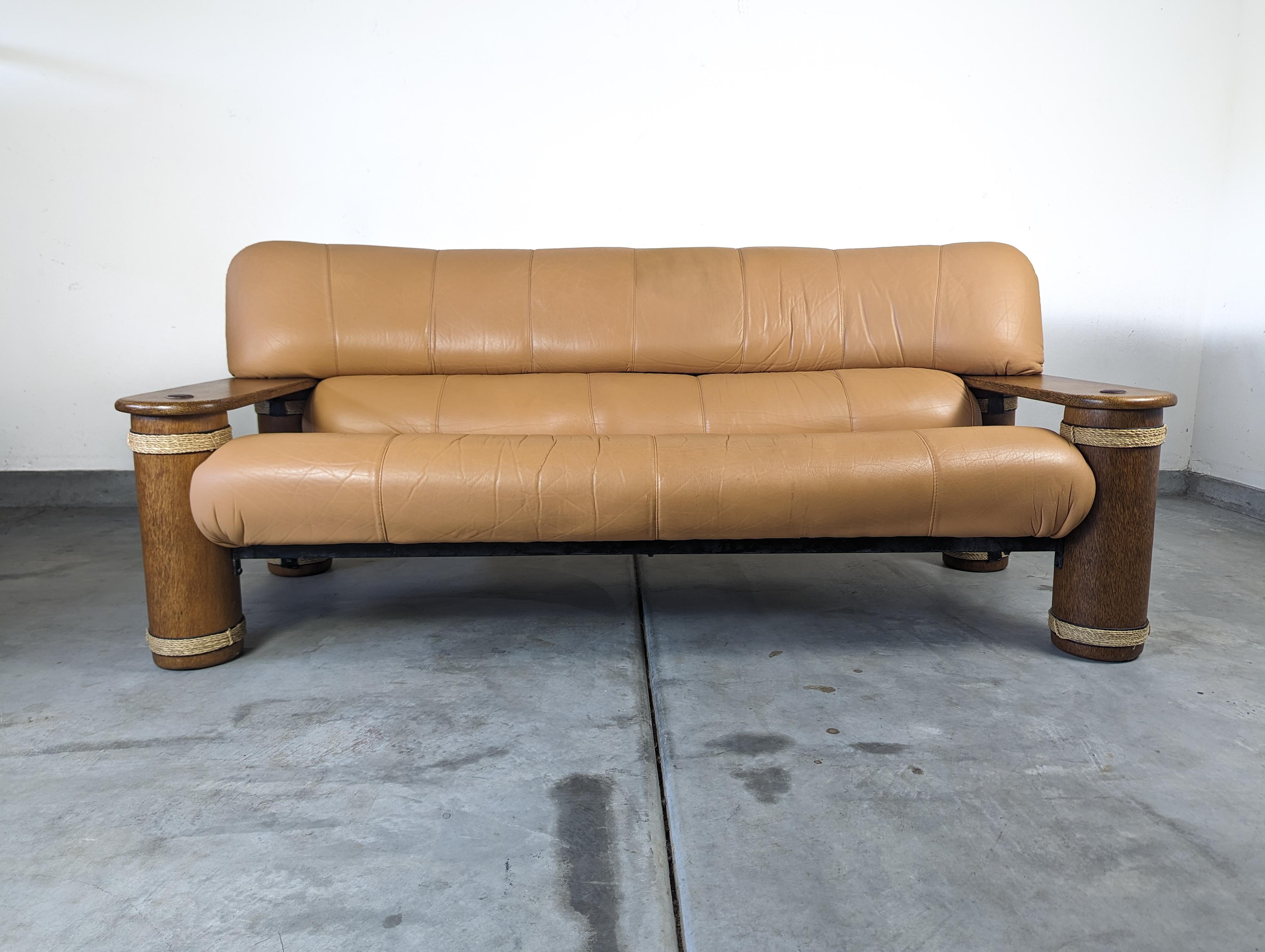 Dreisitziges Vintage-Sofa aus Leder und Palmholz von Pacific Green, um 1990 im Angebot 5
