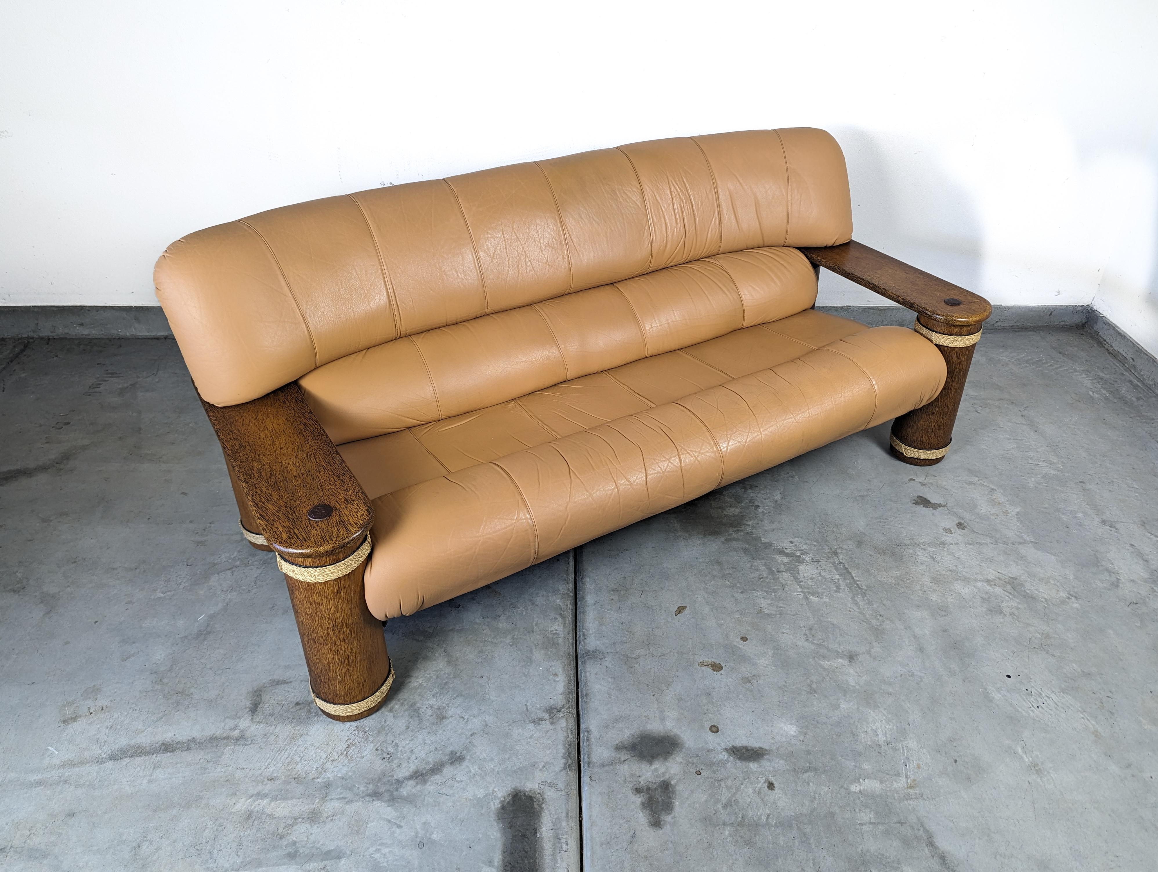Dreisitziges Vintage-Sofa aus Leder und Palmholz von Pacific Green, um 1990 im Angebot 10