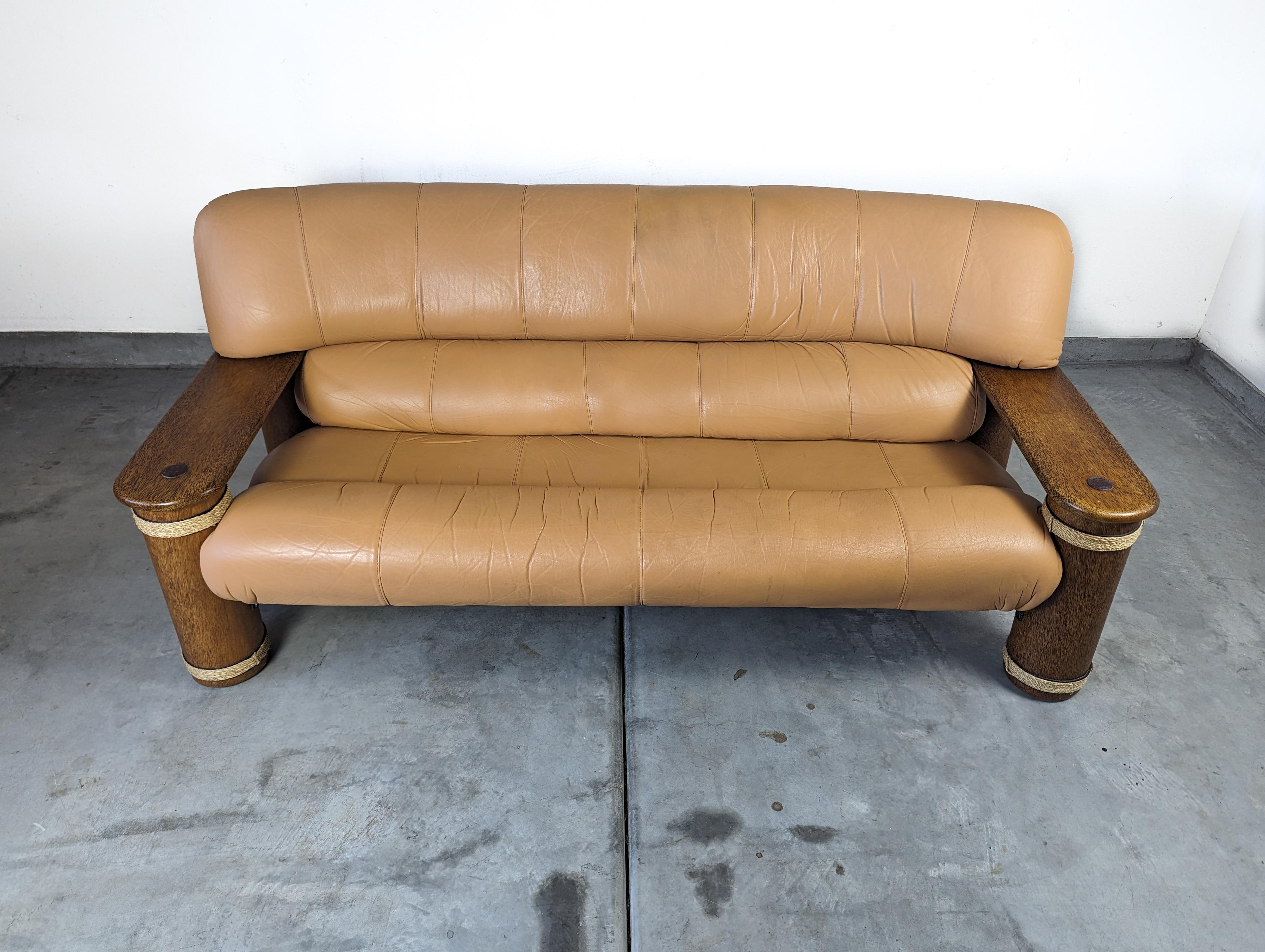 Dreisitziges Vintage-Sofa aus Leder und Palmholz von Pacific Green, um 1990 im Angebot 13