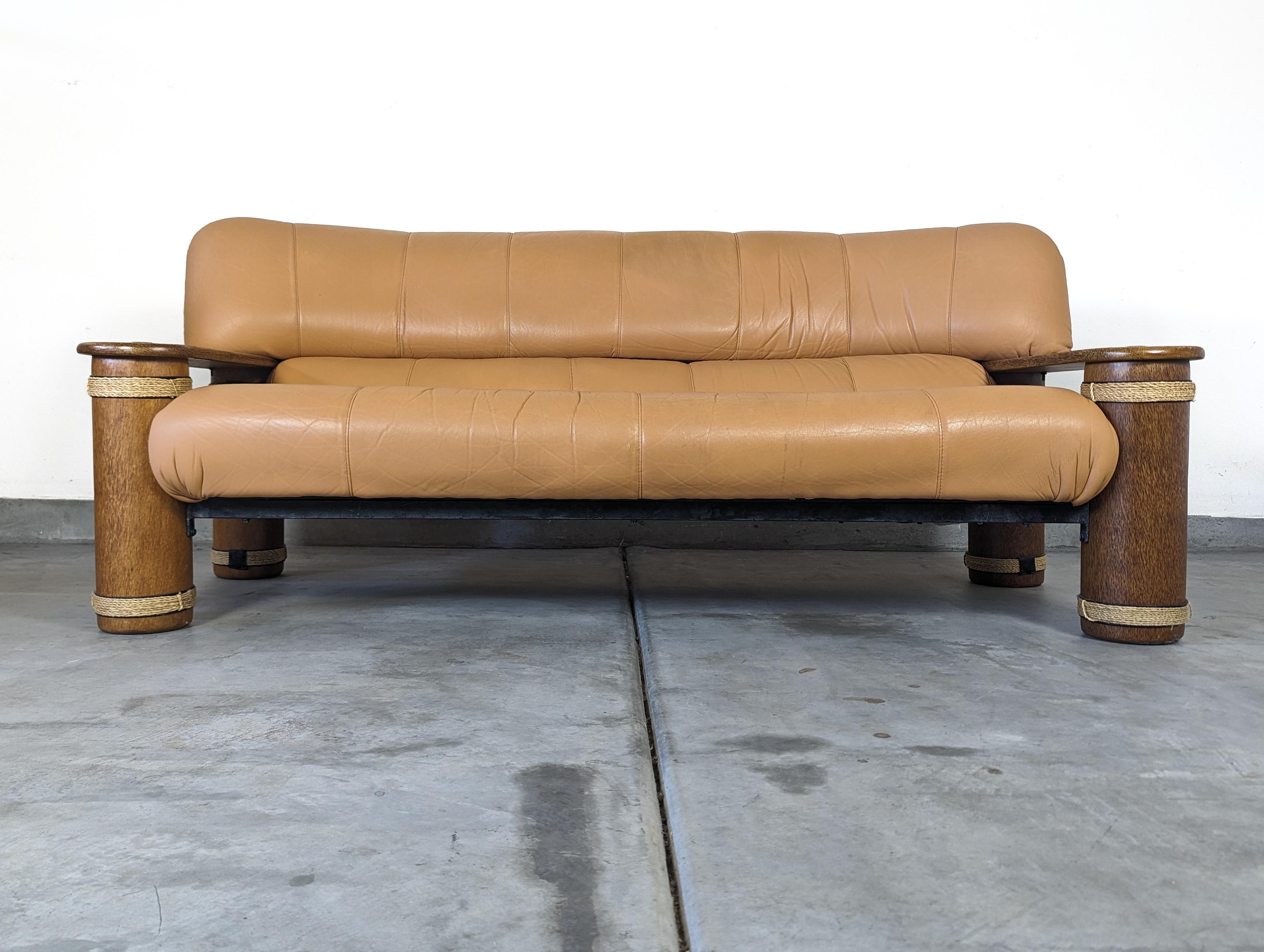 Organic Modern Vintage Leather and Palmwood Three-Seat Sofa by Pacific Green, c1990s For Sale