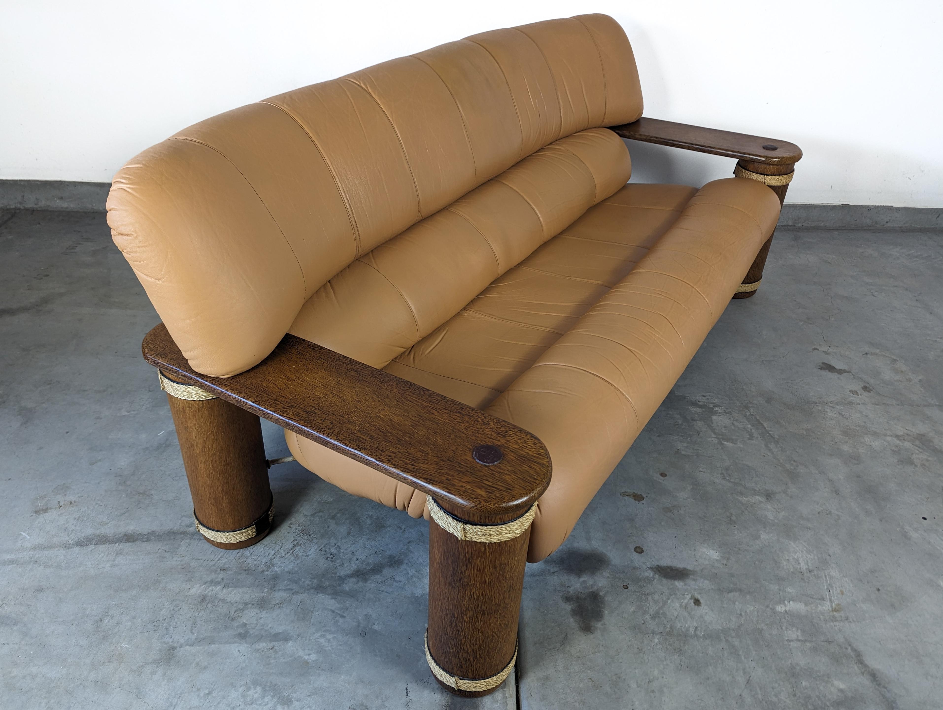 Australian Vintage Leather and Palmwood Three-Seat Sofa by Pacific Green, c1990s For Sale