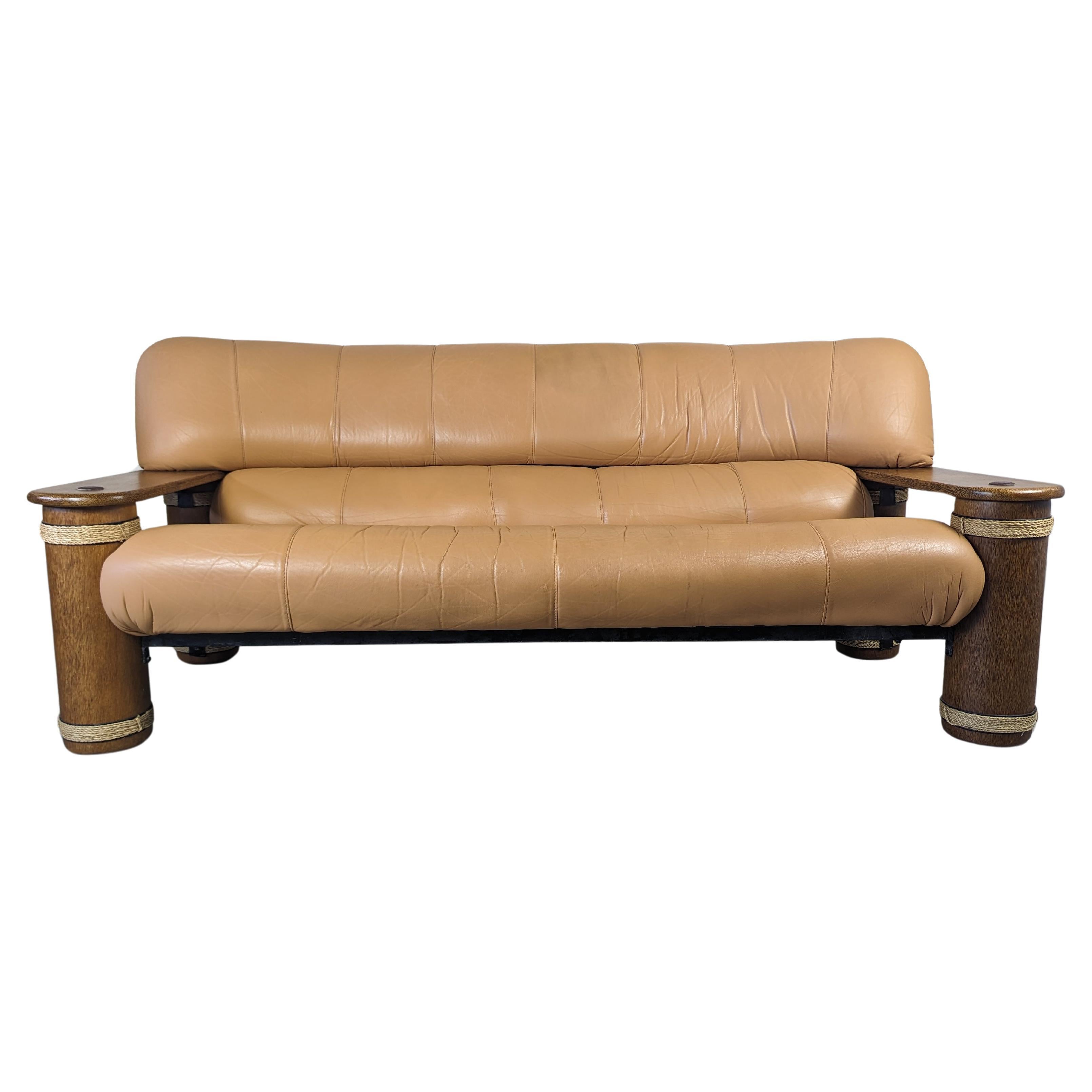 Vintage Leather and Palmwood Three-Seat Sofa by Pacific Green, c1990s For Sale