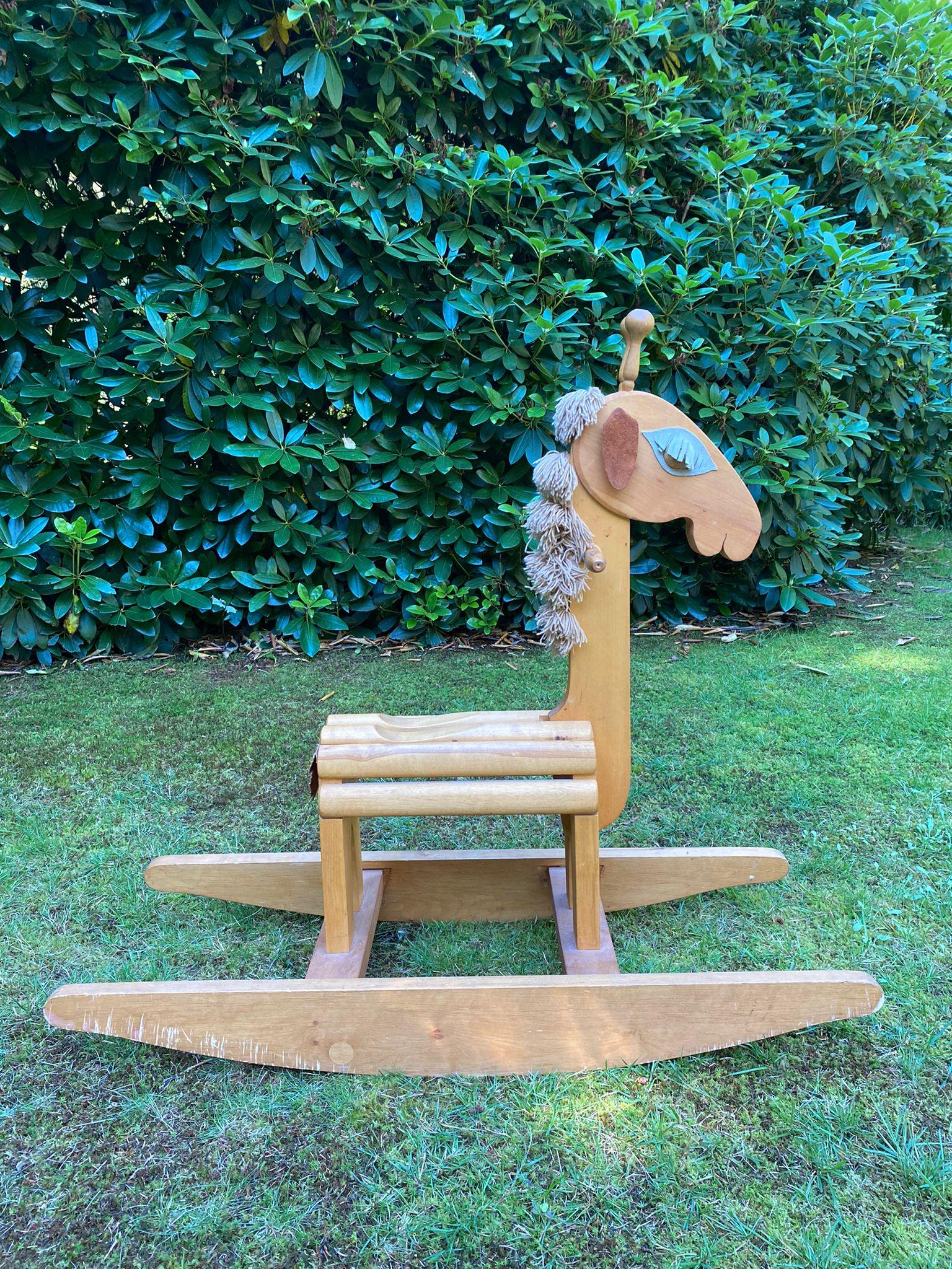 Mid-Century Modern Vintage Leather and Pinewood Rocking Horse, Giraffe, ca. 1970s For Sale