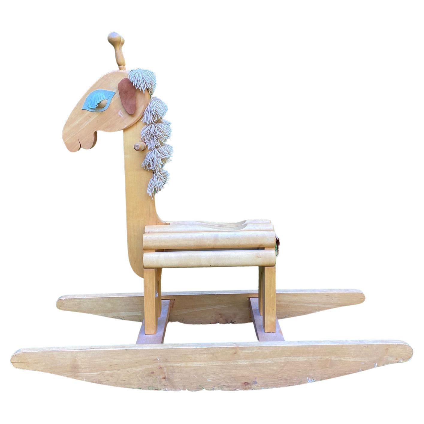 Vintage Leather and Pinewood Rocking Horse, Giraffe, ca. 1970s For Sale