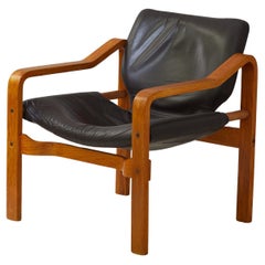 Vintage Leather and Plywood Andy Armchair by Janos Bodnar Hungary 1970s
