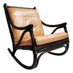 Vintage Leather and Rattan Rocking Chair, 1960s