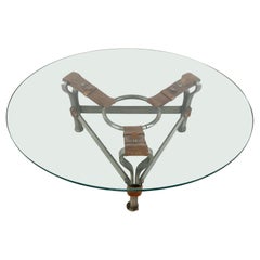 Vintage leather and steel coffee table by Jacques Adnet, 1950s