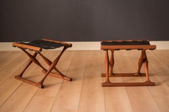 Vintage Leather and Teak Folding Stools by Poul Hundevad