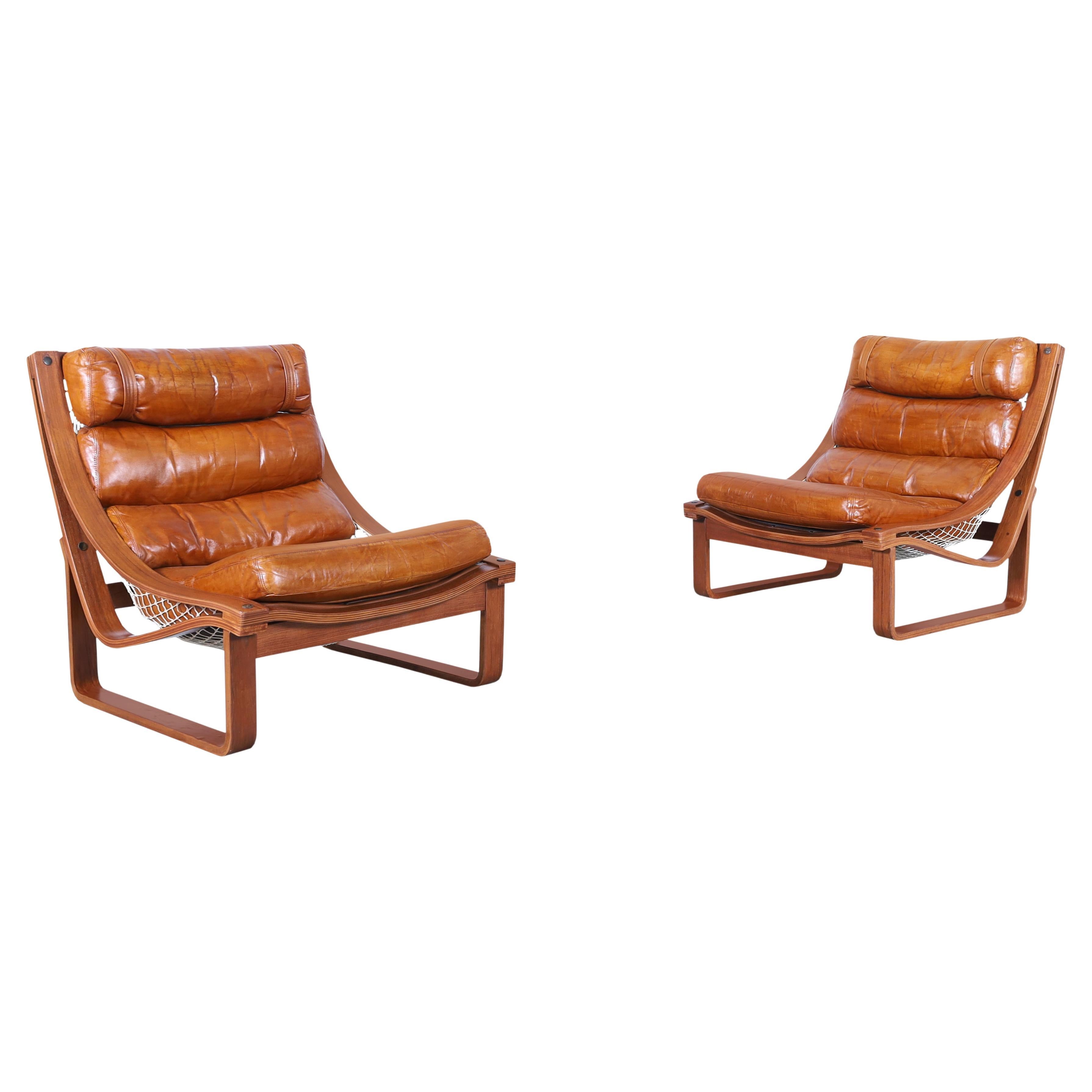 Vintage Leather and Teak T4 Lounge Chairs by Fred Lowen for Tessa