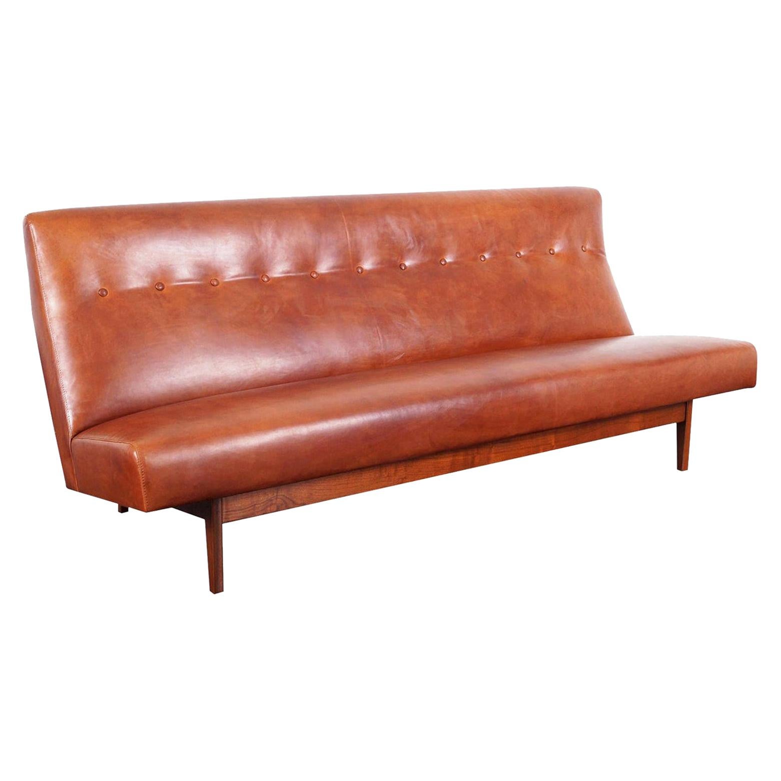Vintage Leather and Walnut Sofa by Jens Risom