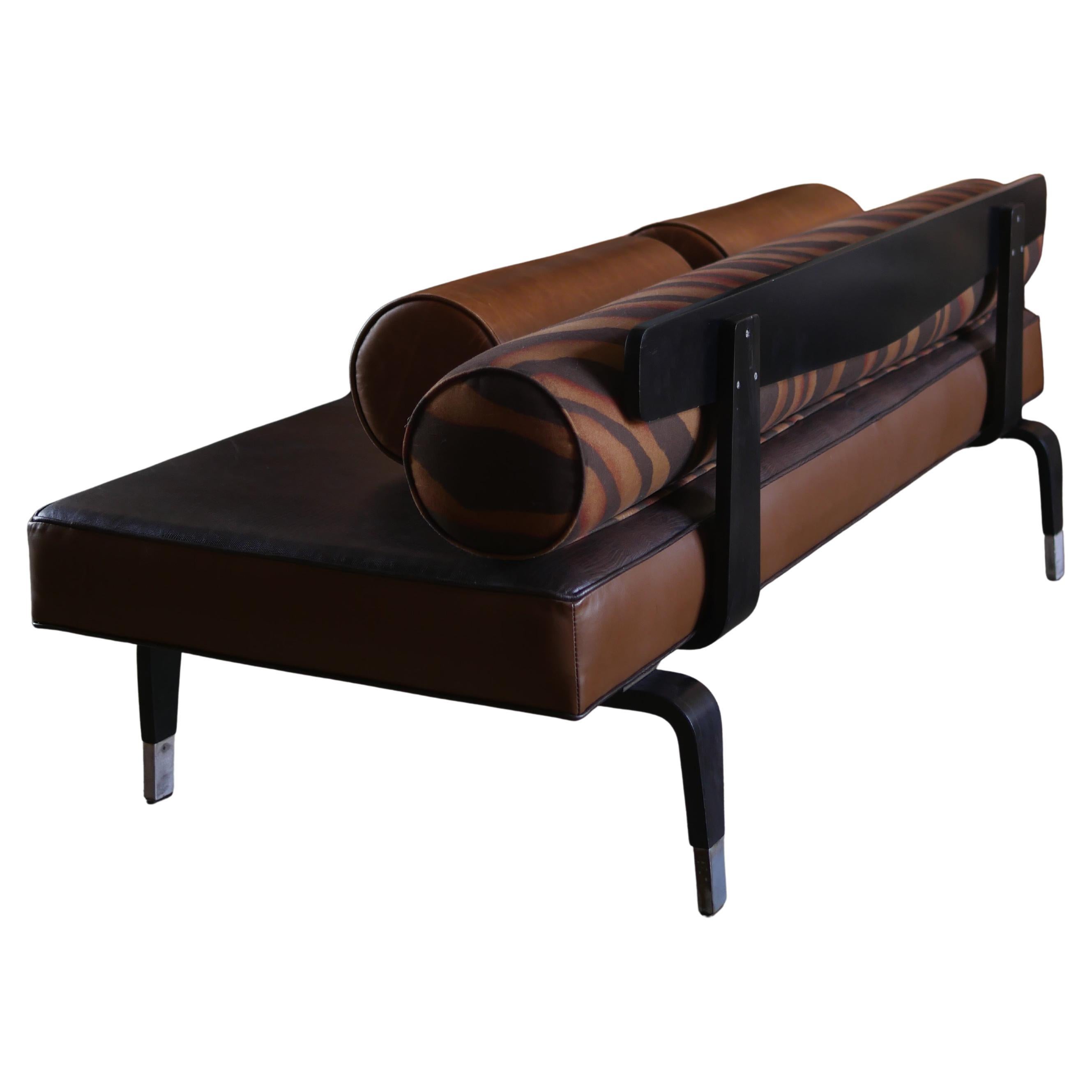 Lit de jour vintage en cuir et Wood